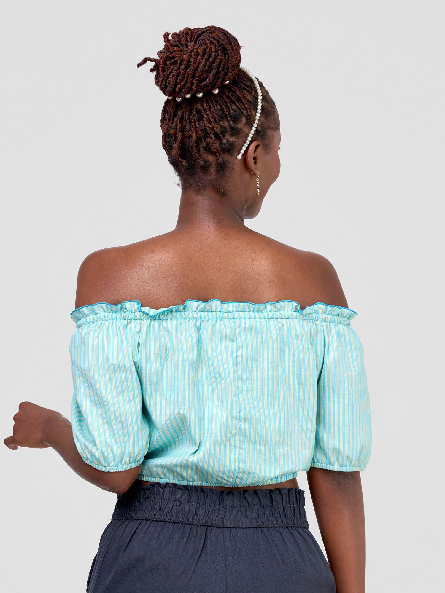 Safari Kikoy Off Shoulder Crop Top - Light Blue Print