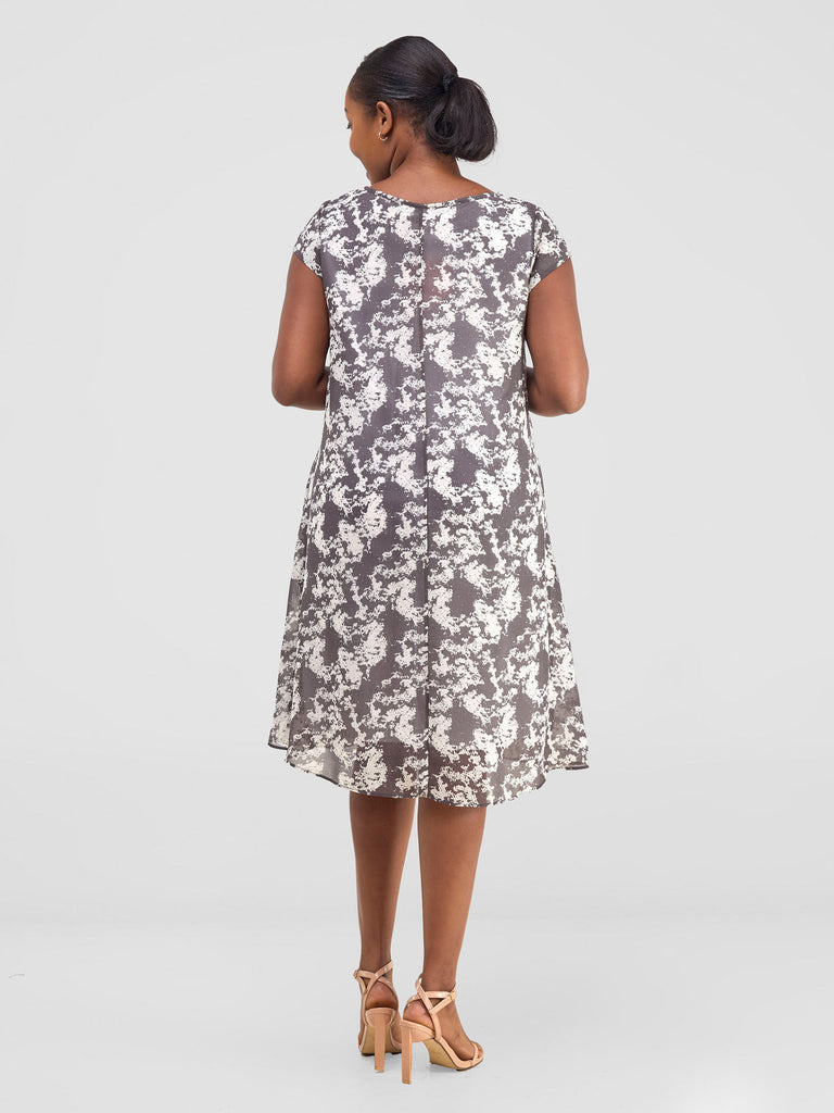 Vivo Sierra Cap Sleeve Tent Chiffon Dress - Cream / Black Print