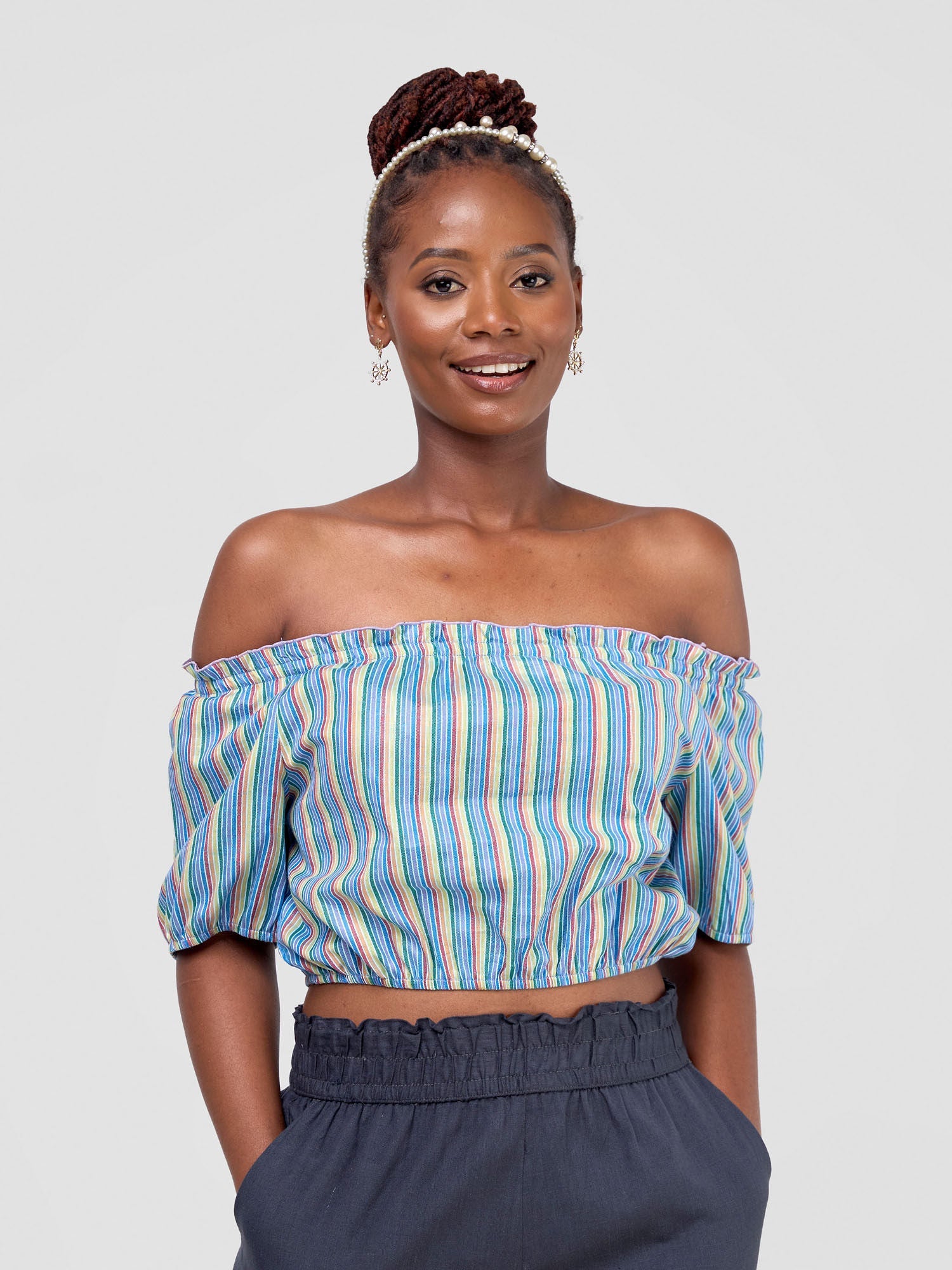 Safari Kikoy Off Shoulder Crop Top - Blue / Red Print