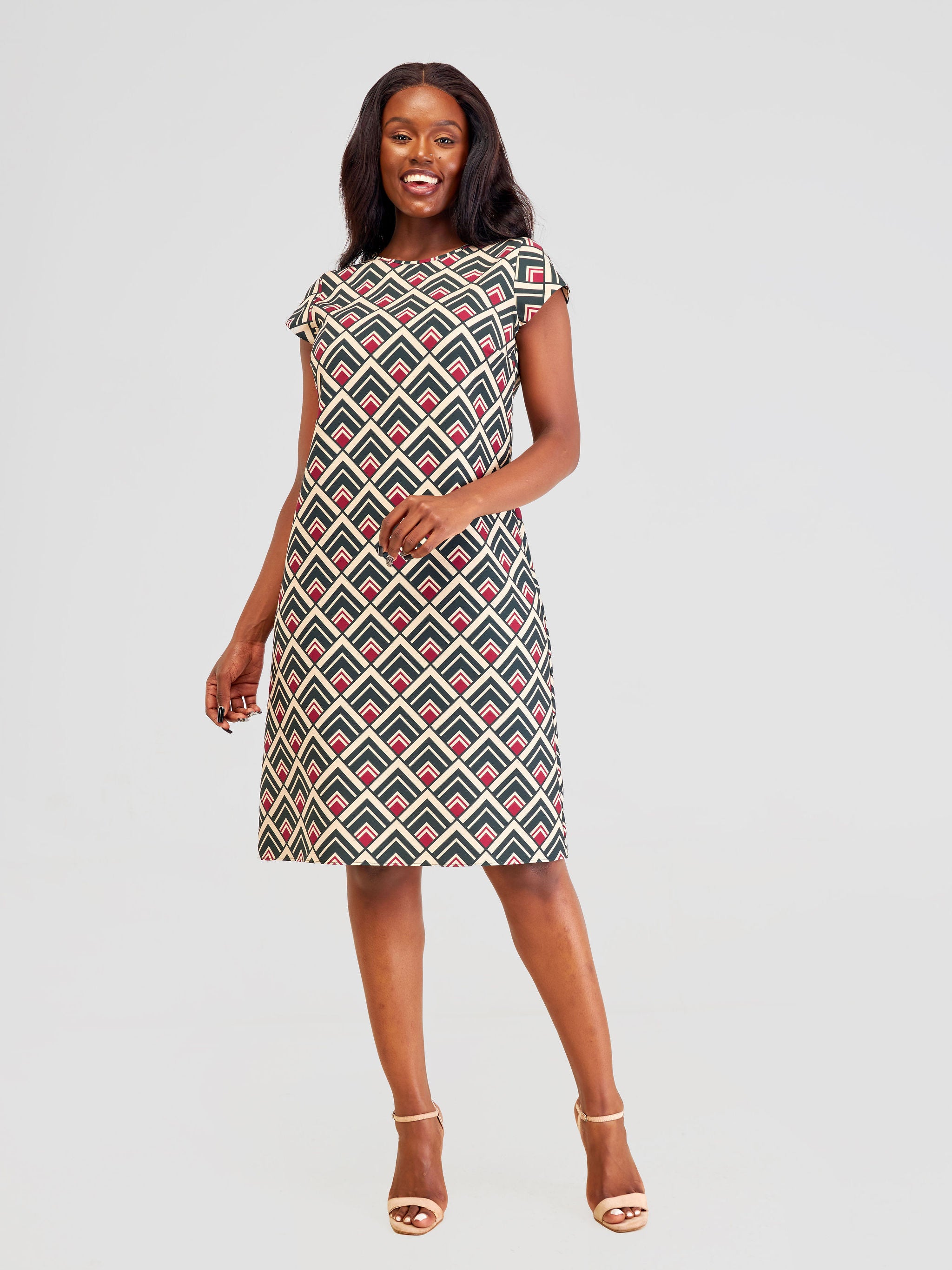Vivo Pendo Cap Sleeve Shift Dress Burgundy Black Yuni Print Vivo Fashion Group Kenya