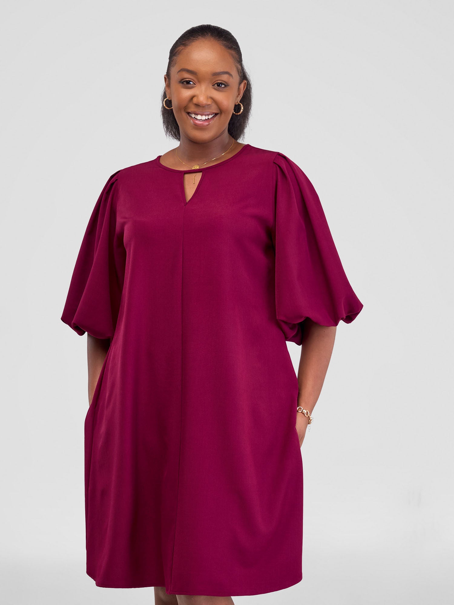 Vivo Zahari Puff Sleeve Tent Dress - Maroon