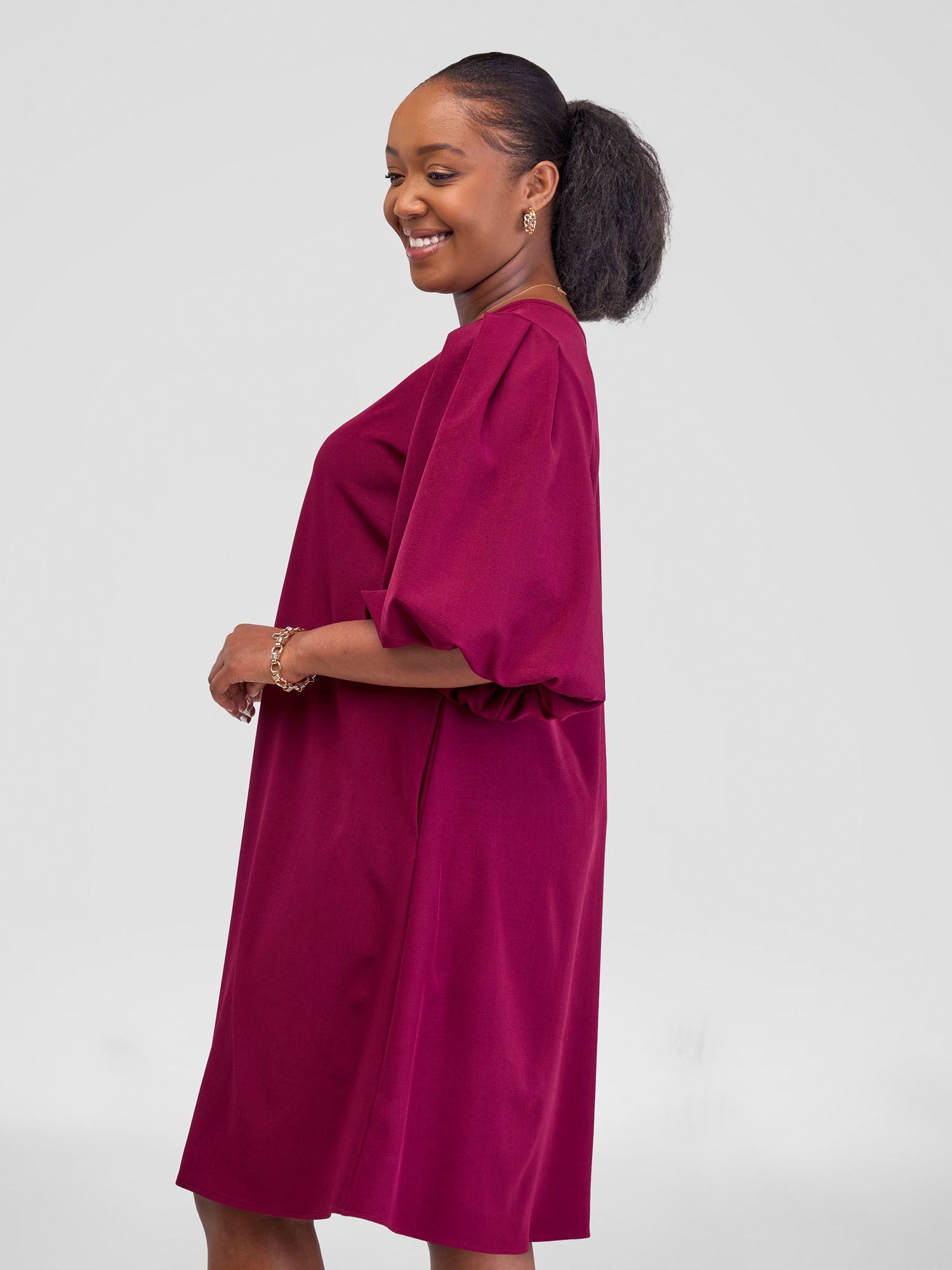 Vivo Zahari Puff Sleeve Tent Dress - Maroon