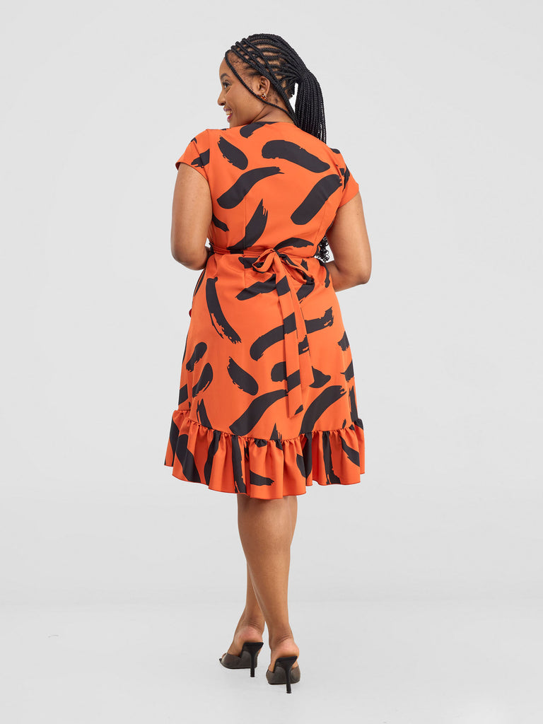 Vivo Nasinka Wrap Dress - Orange / Black Nasi Print