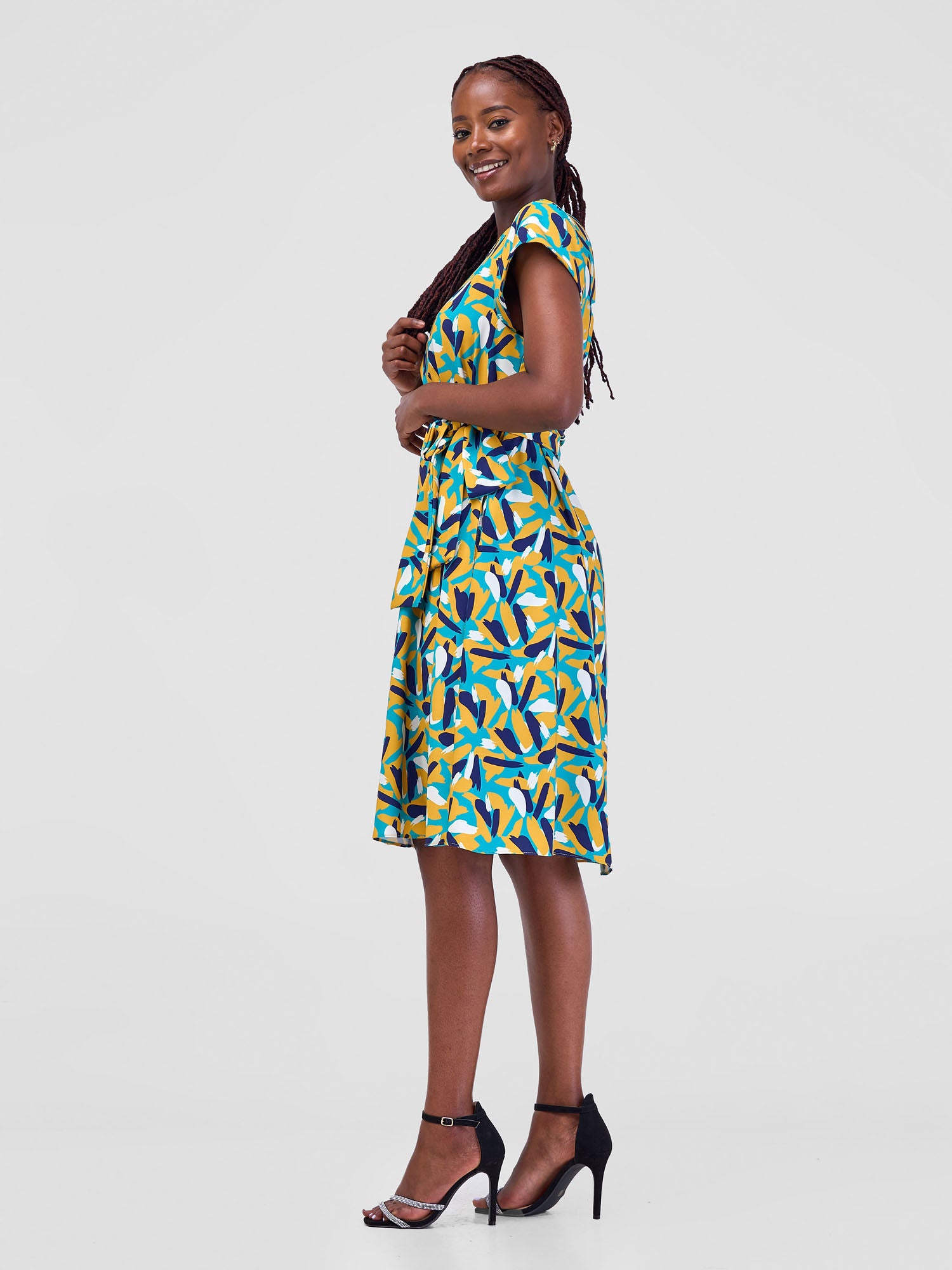 Vivo Basic Cap Sleeve Tent Knee Length Dress - Teal / Mustard Mawi Print