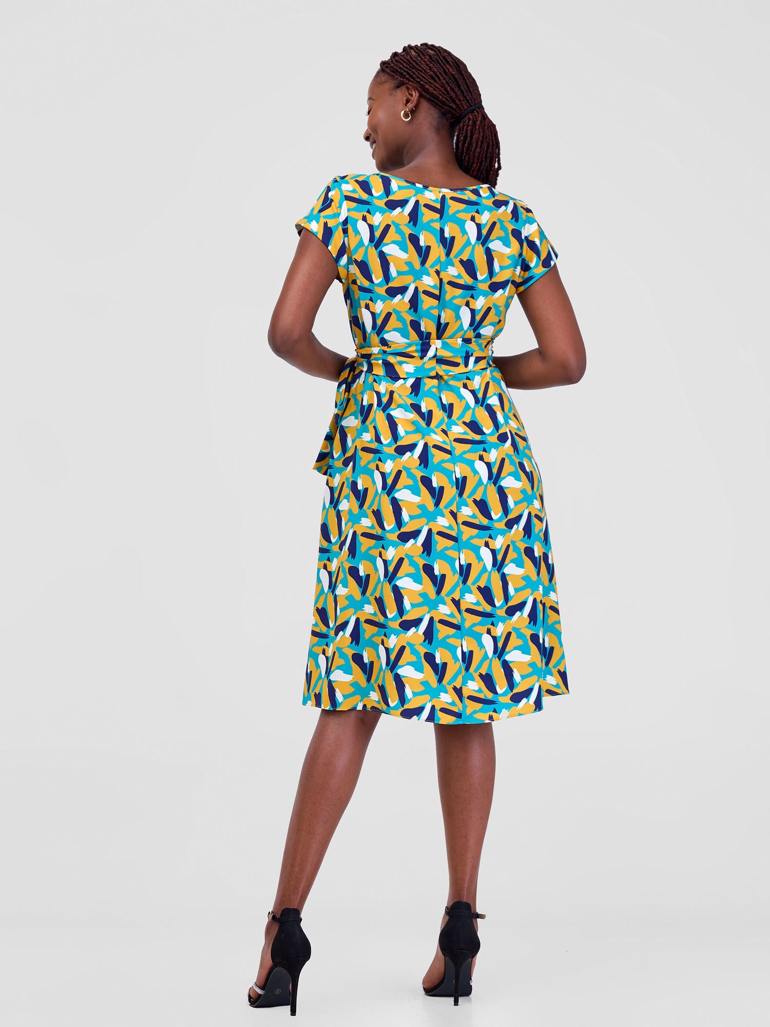 Vivo Basic Cap Sleeve Tent Knee Length Dress - Teal / Mustard Mawi Print