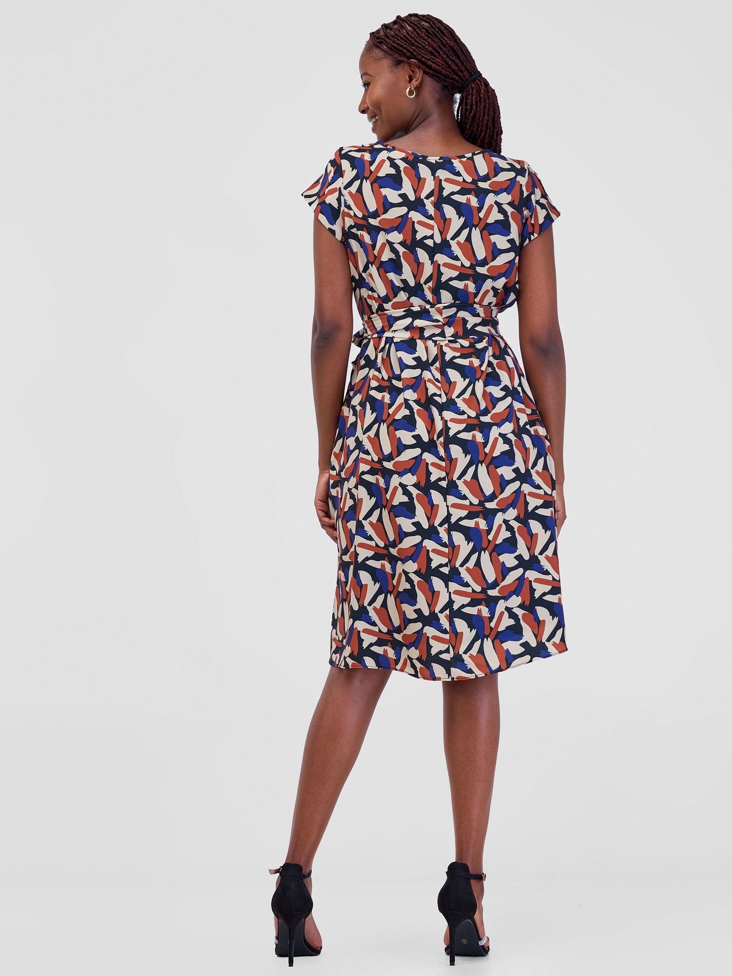 Vivo Basic Cap Sleeve Tent Knee Length Dress - Beige / Brown Mawi Print