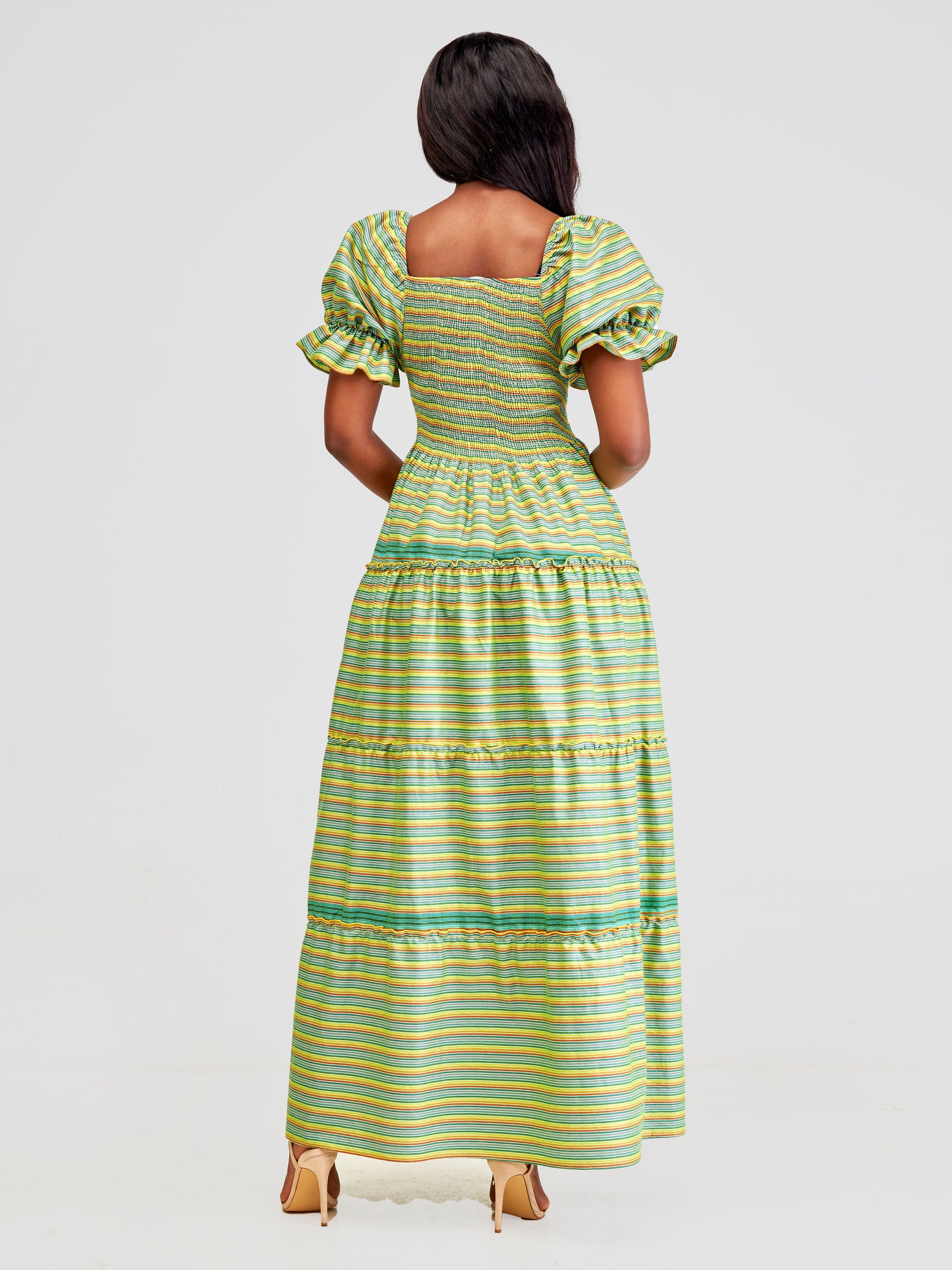 Safari Kikoy Shirred Top Maxi Dress - Dark Green / Yellow Print