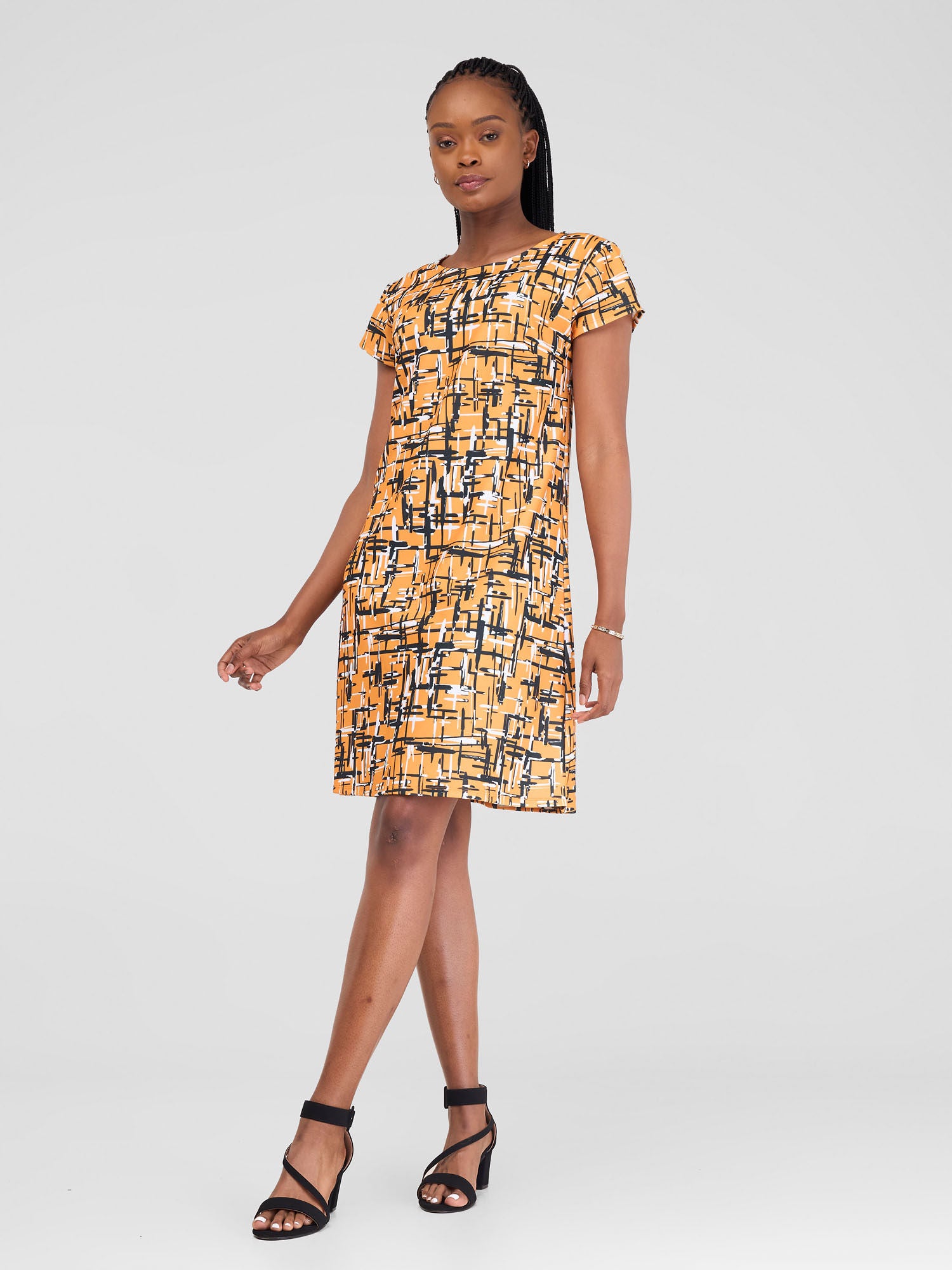 Vivo Imara Cap Sleeve A-Line Dress - Mustard / Hunters Abstract Print