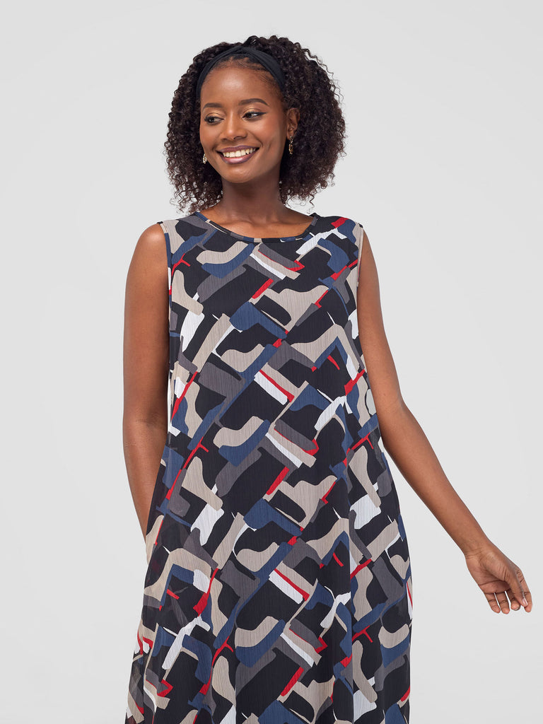 Vivo Basic Sleeveless Tent Maxi Dress - Navy / Black Print