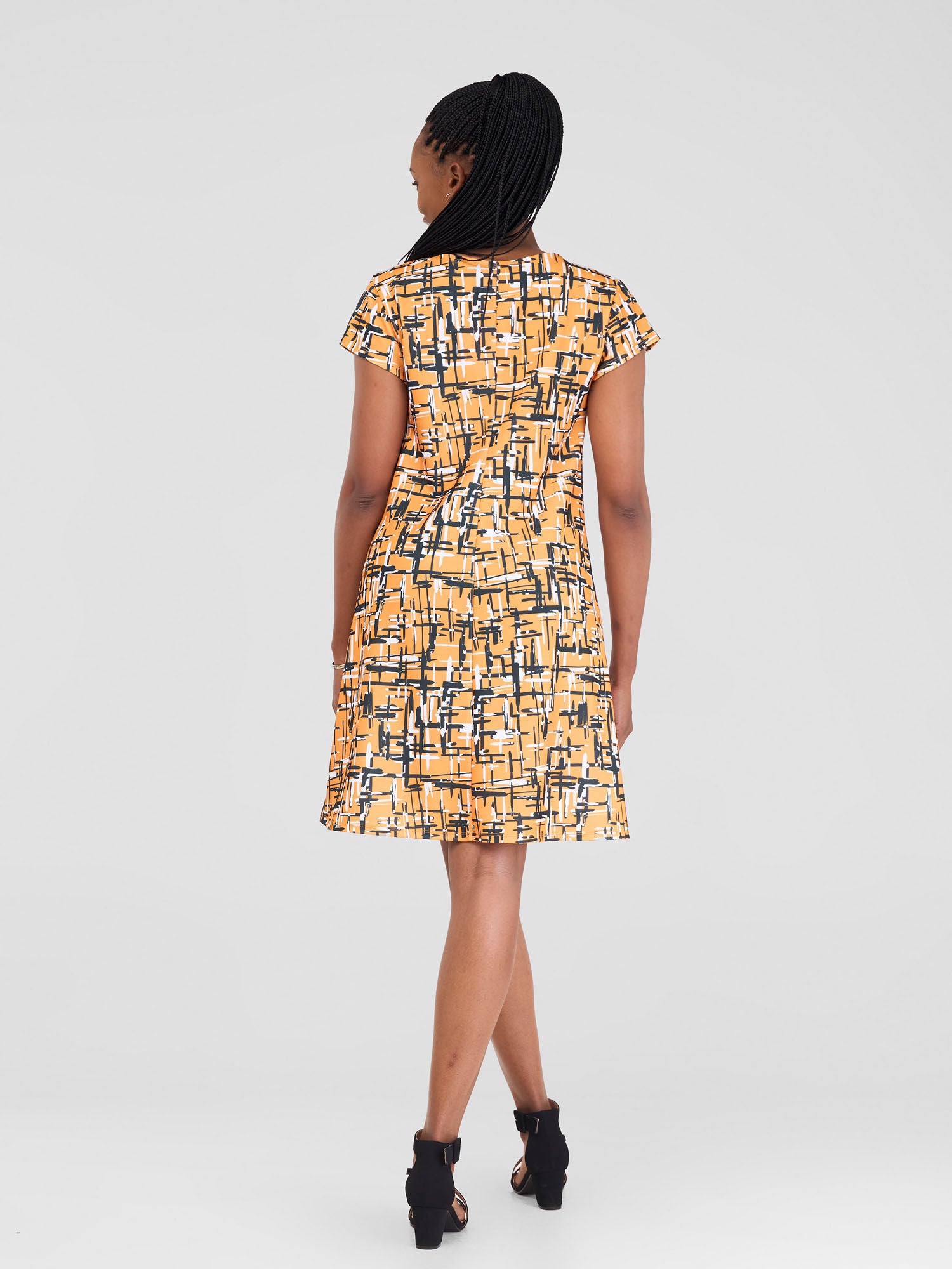 Vivo Imara Cap Sleeve A-Line Dress - Mustard / Hunters Abstract Print