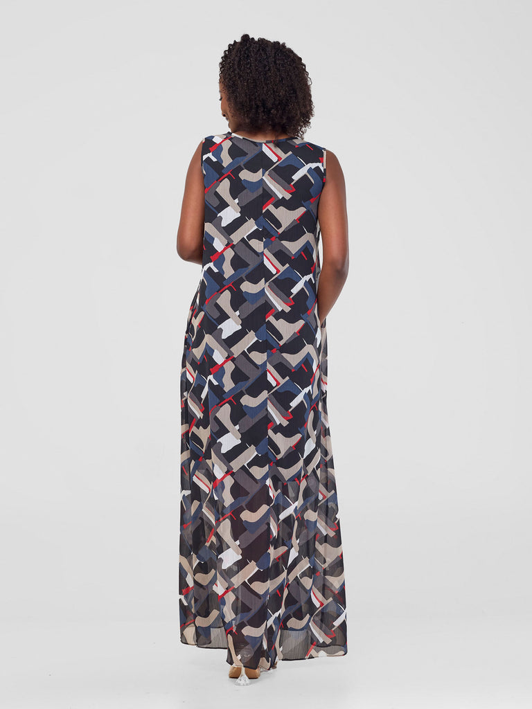 Vivo Basic Sleeveless Tent Maxi Dress - Navy / Black Print