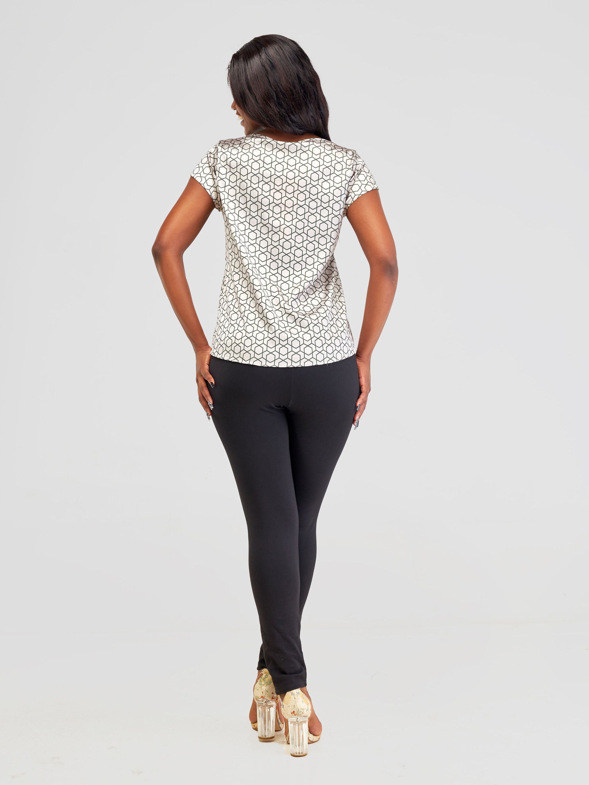 Vivo Basic Satin Cap Sleeve Top - Taupe / Olive Duku Print