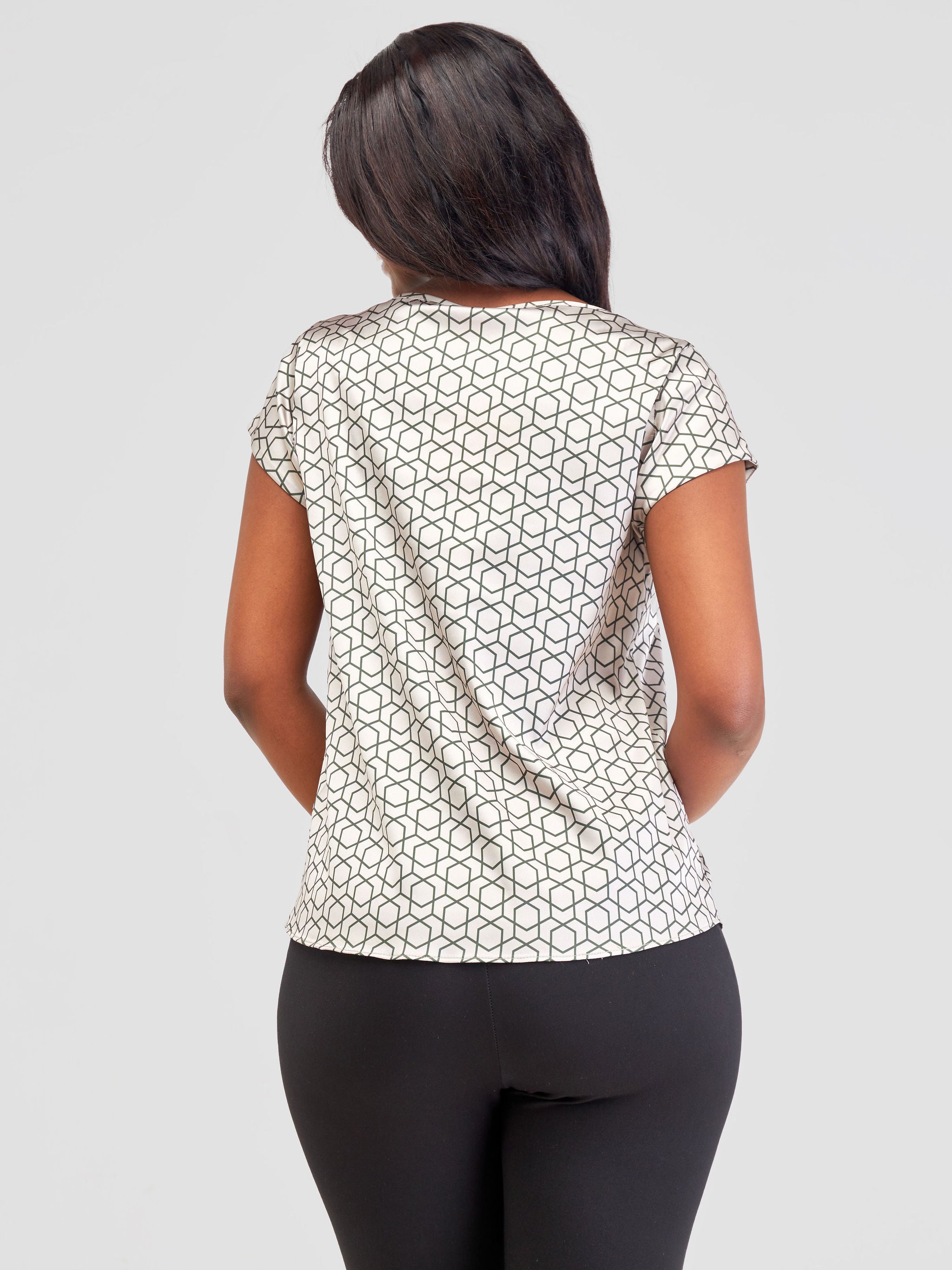 Vivo Basic Satin Cap Sleeve Top - Taupe / Olive Duku Print
