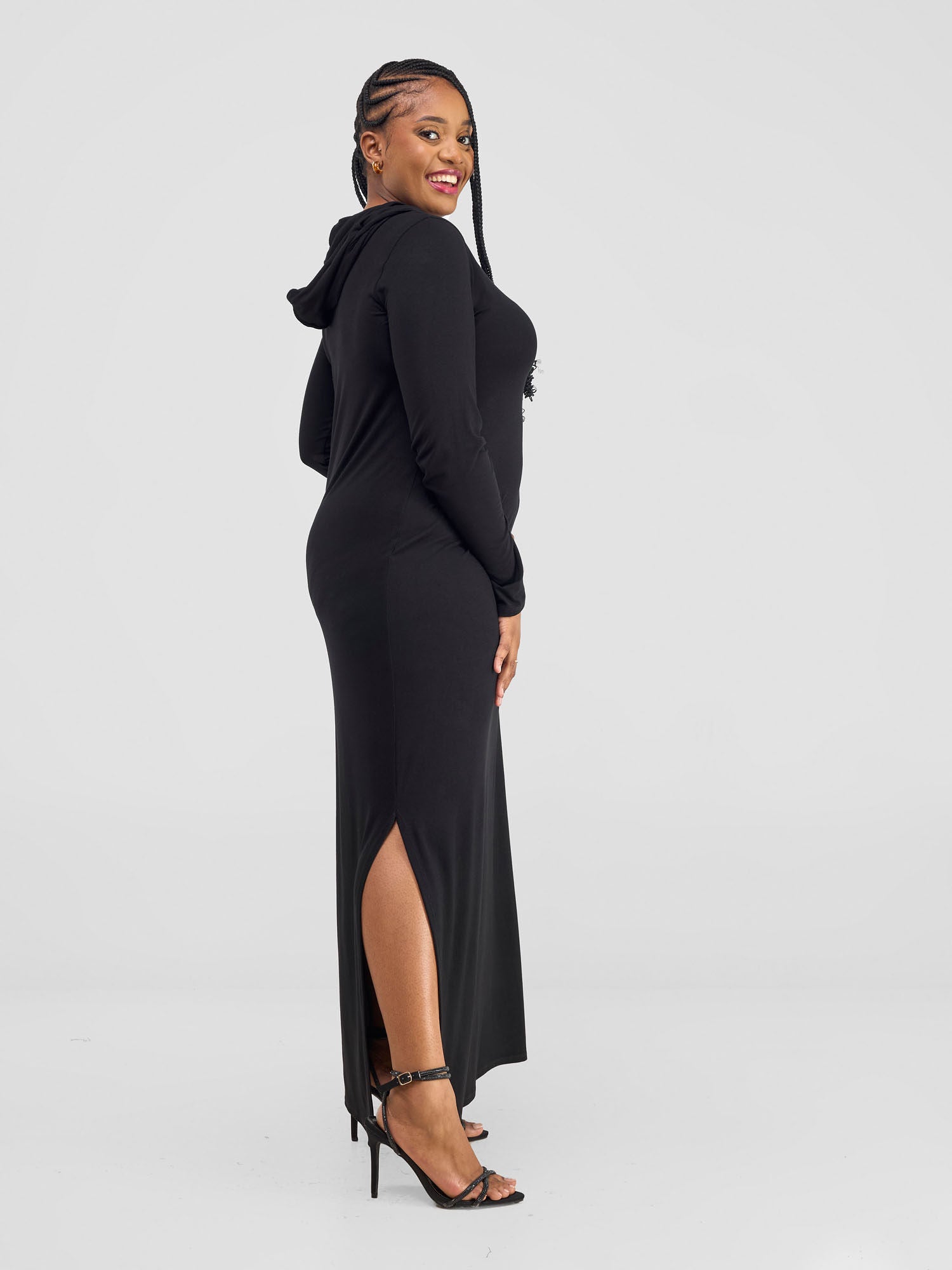 Vivo Kala Side  Slit Hooded Maxi Dress - Black