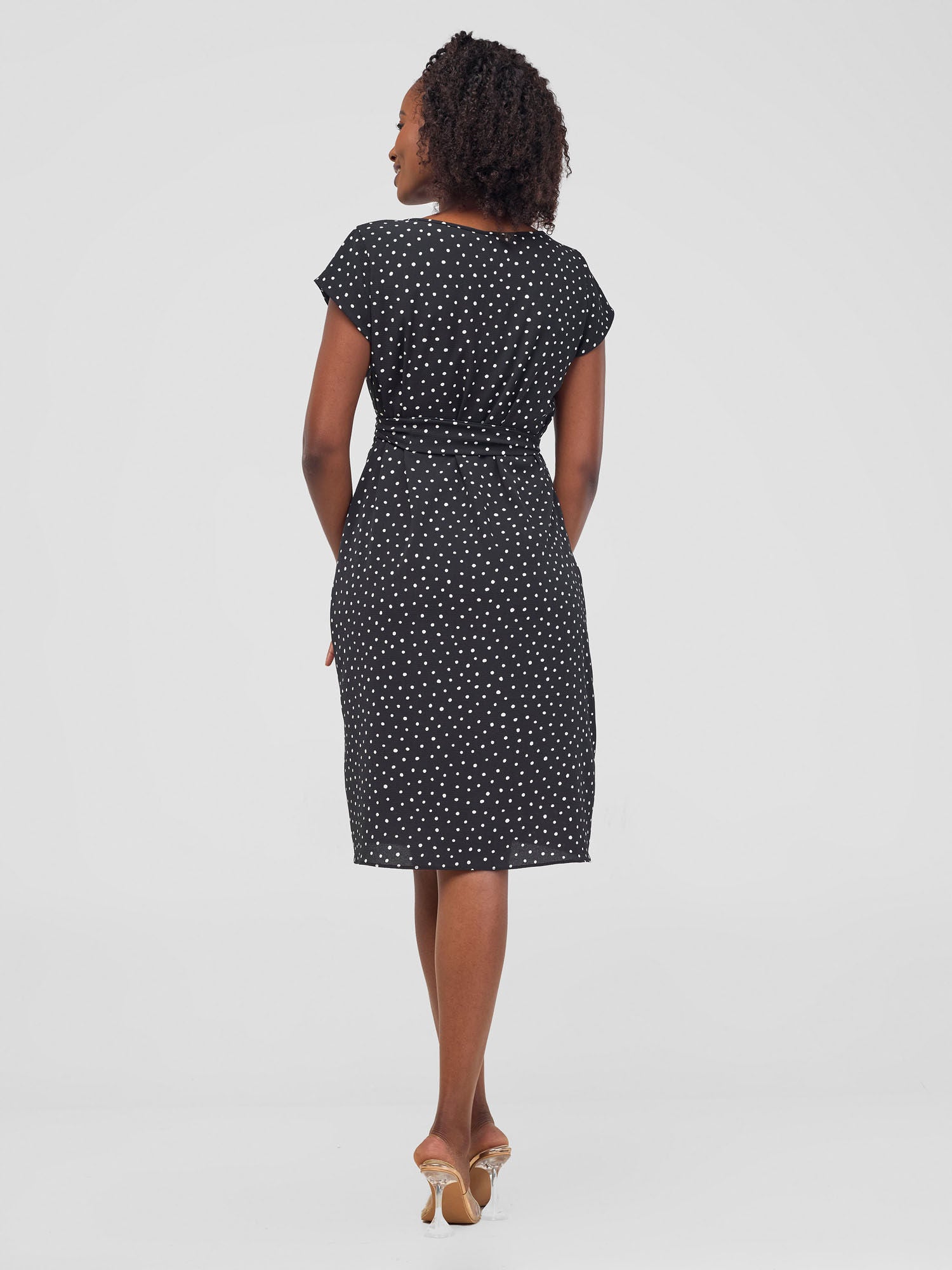 Vivo Muna Cap Sleeve Knee Length Dress - Black Polka Dot Medium Print