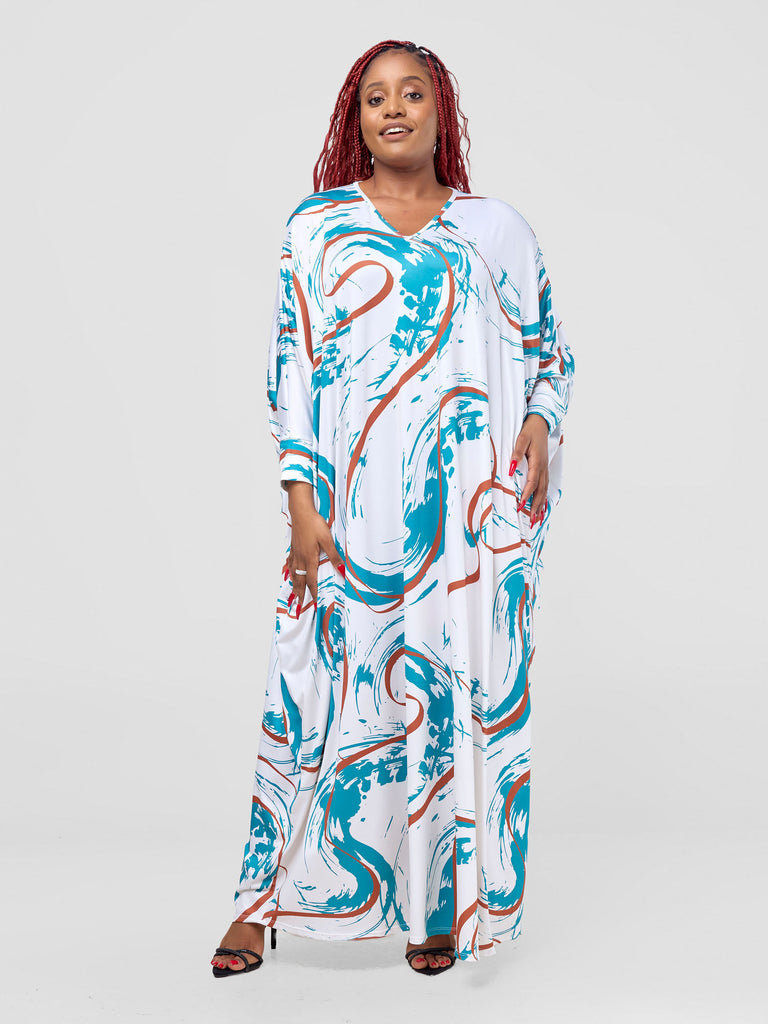 Vivo Lumi Cuffed Dolman Maxi Dress -  White / Teal Kita Print