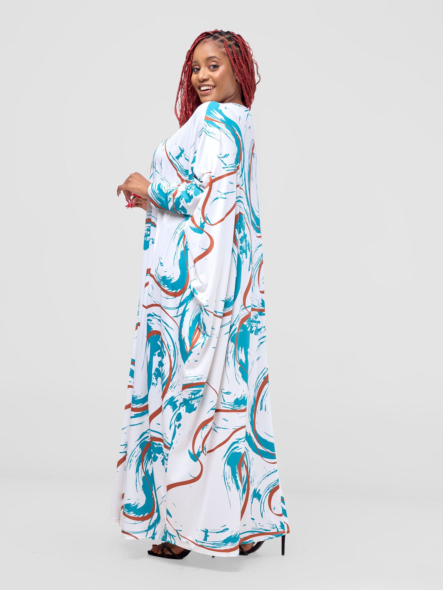 Vivo Lumi Cuffed Dolman Maxi Dress -  White / Teal Kita Print