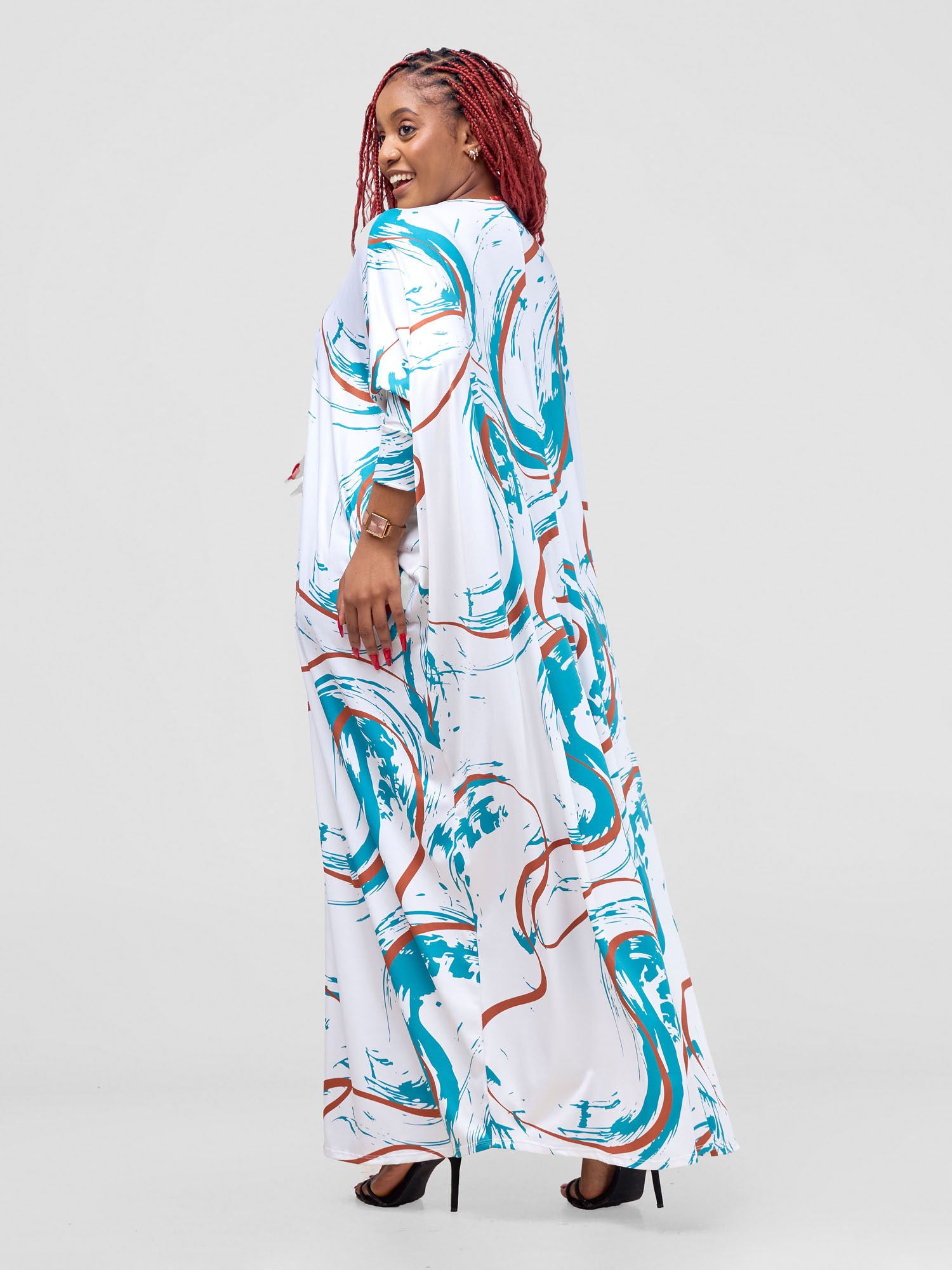 Vivo Lumi Cuffed Dolman Maxi Dress -  White / Teal Kita Print