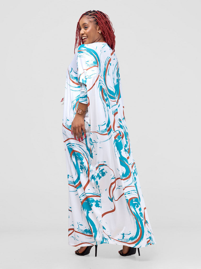 Vivo Lumi Cuffed Dolman Maxi Dress -  White / Teal Kita Print