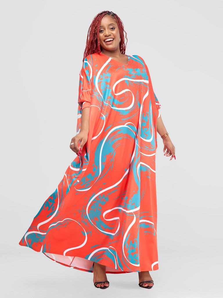 Vivo Lumi Cuffed Dolman Maxi Dress -  Orange / Teal Kita Print