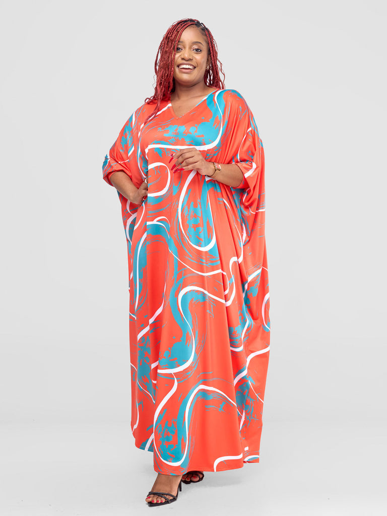 Vivo Lumi Cuffed Dolman Maxi Dress -  Orange / Teal Kita Print
