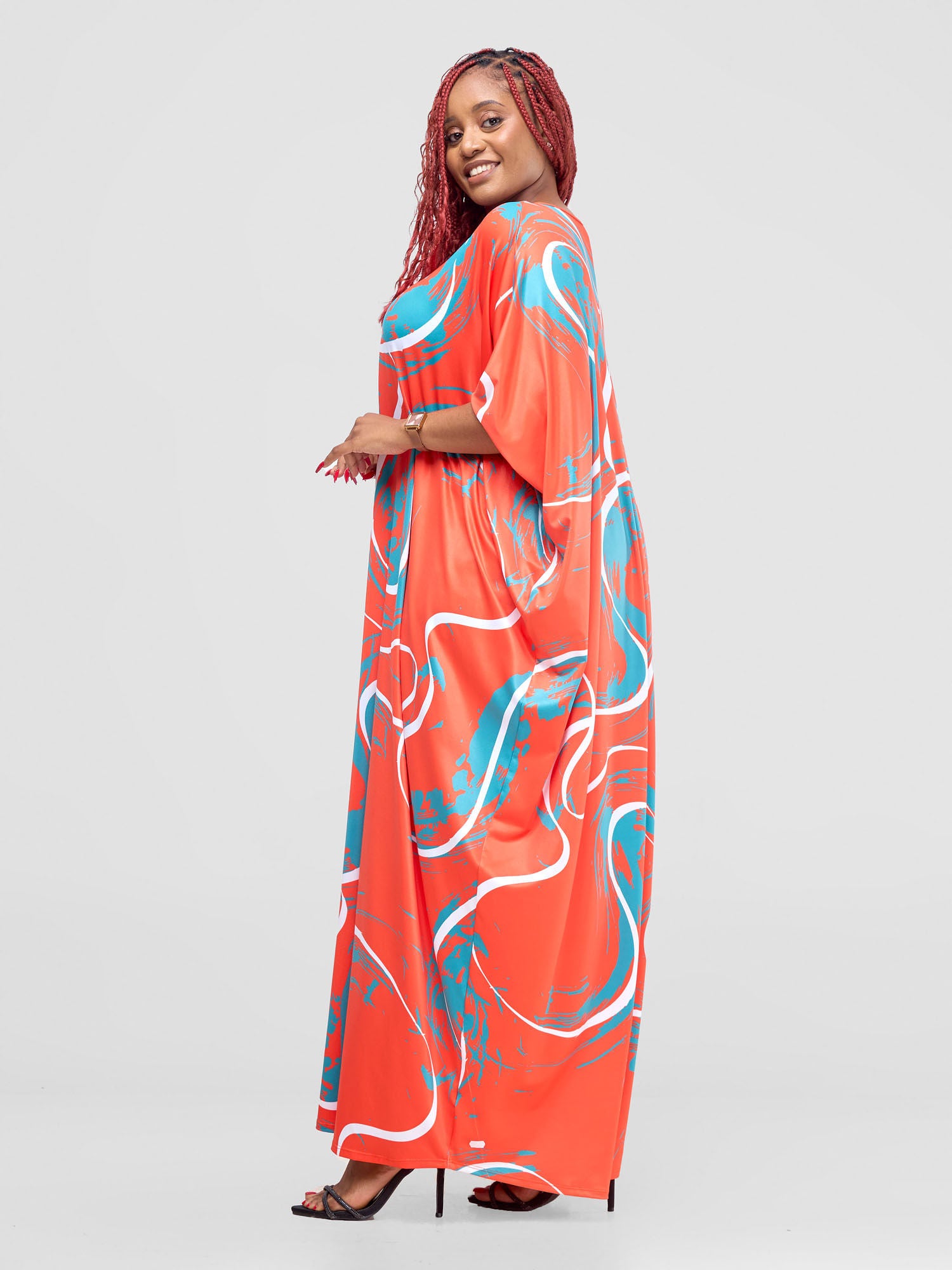 Vivo Lumi Cuffed Dolman Maxi Dress -  Orange / Teal Kita Print