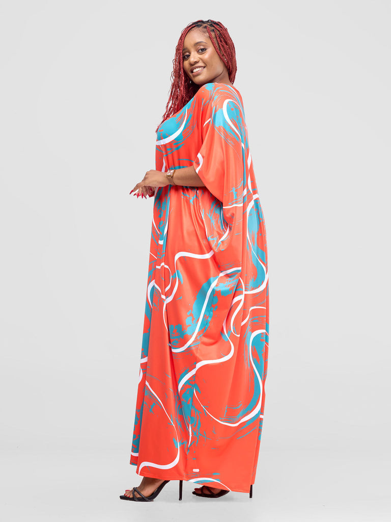 Vivo Lumi Cuffed Dolman Maxi Dress -  Orange / Teal Kita Print