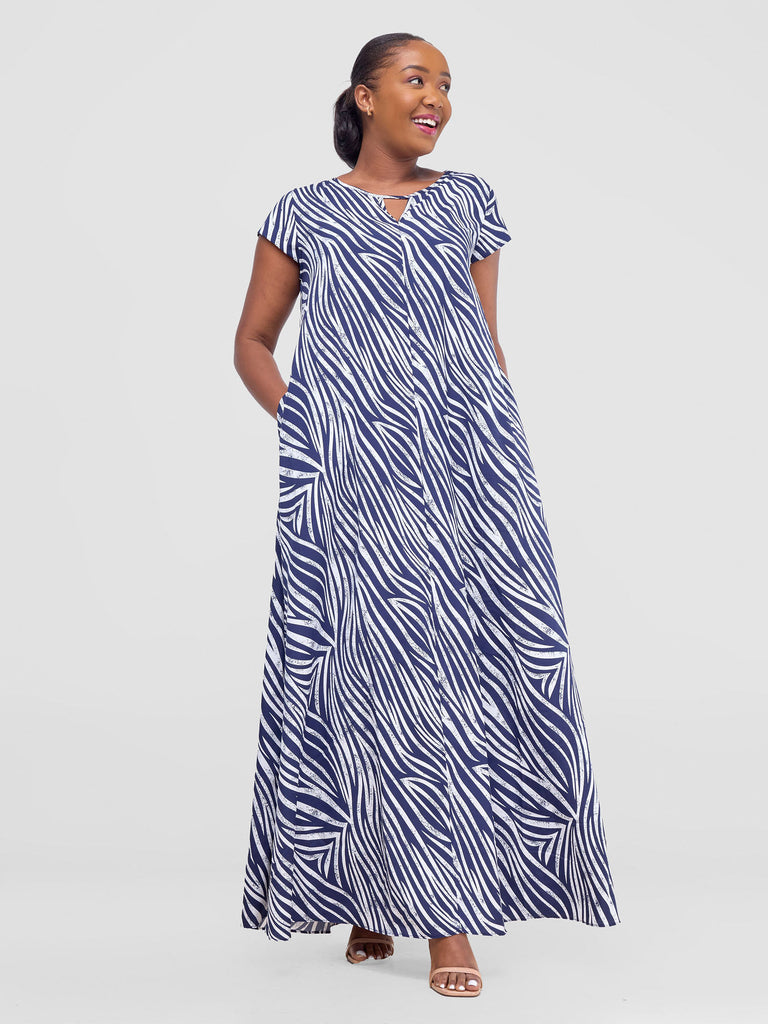 Vivo Sakari Cap Sleeve Maxi Dress - Navy / White Print