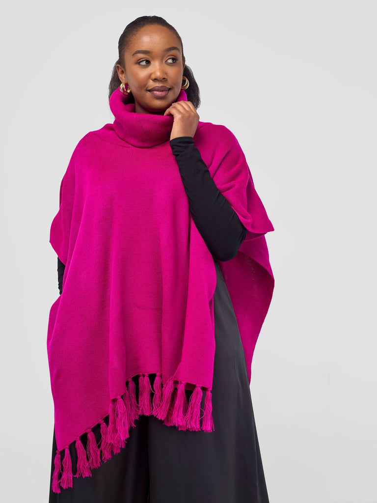 Vivo Turtleneck Knit Fringe Poncho - Fuchsia - Shopzetu