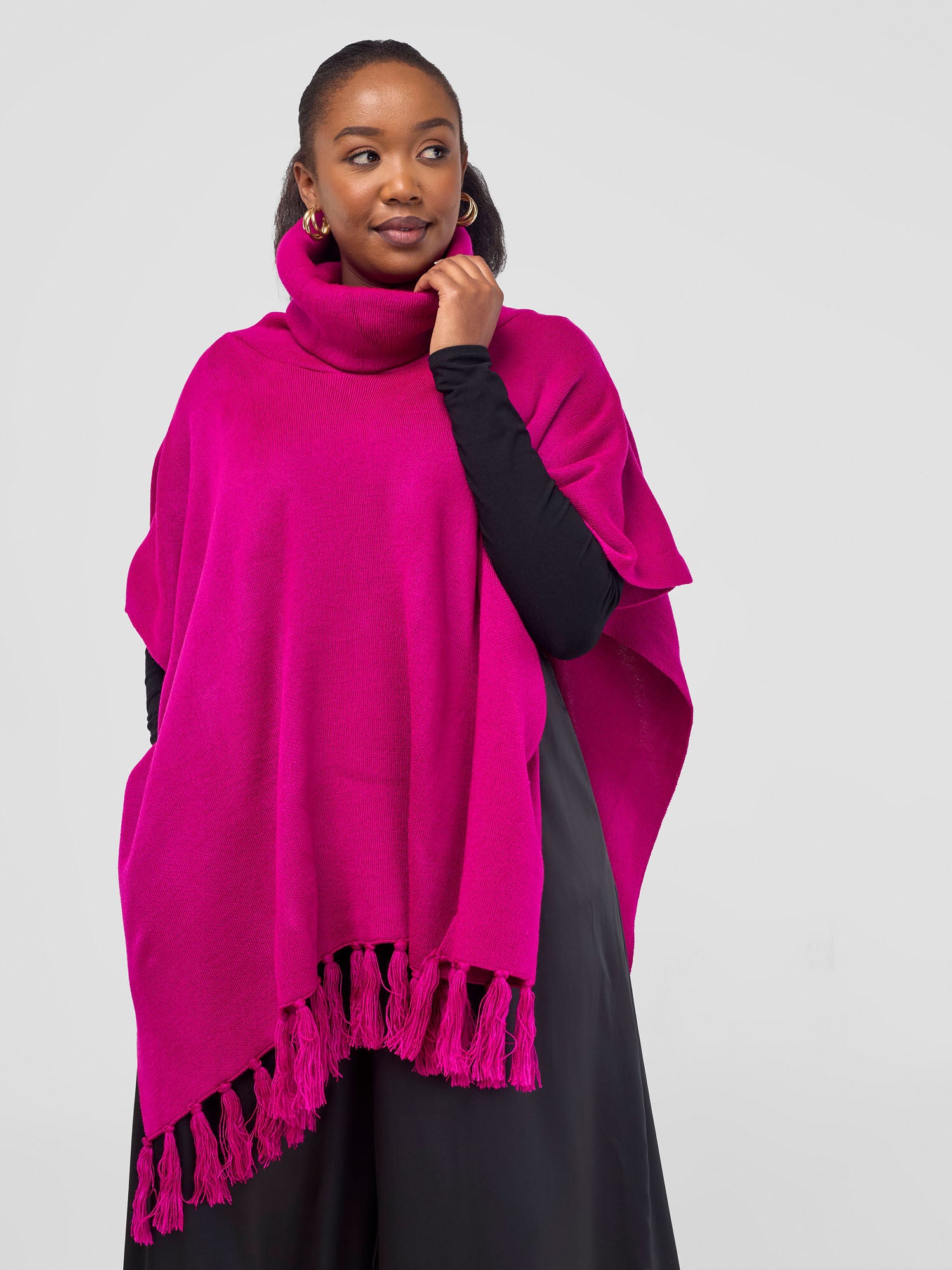 Vivo Turtleneck Knit Fringe Poncho - Fuchsia