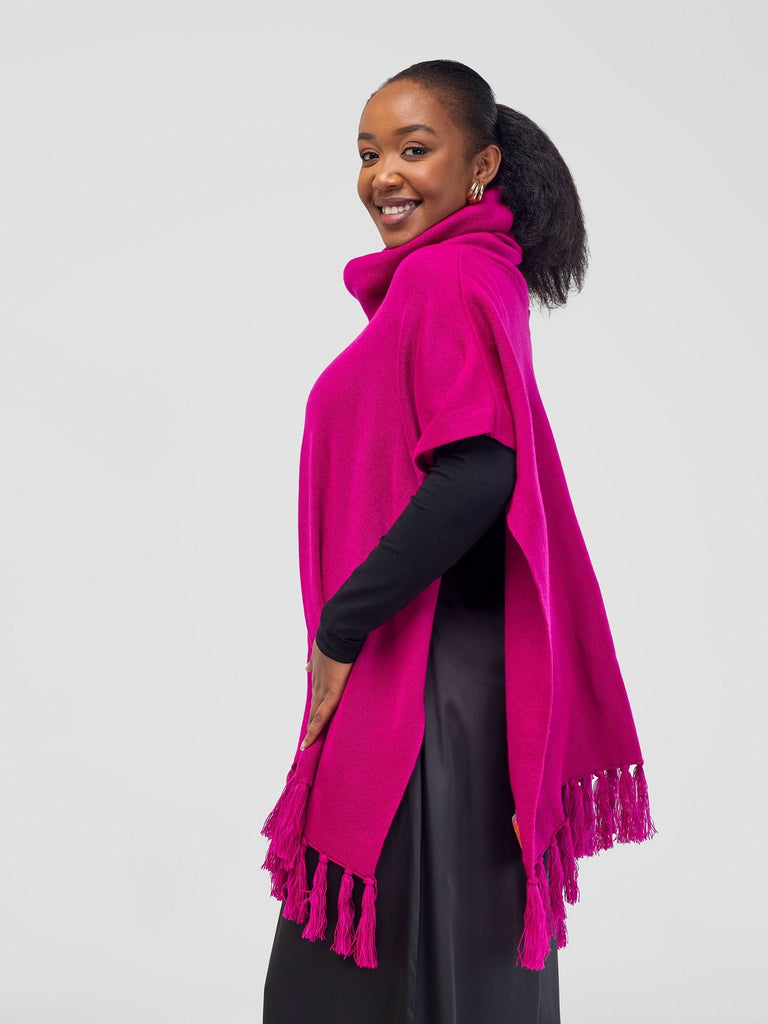 Vivo Turtleneck Knit Fringe Poncho - Fuchsia - Shopzetu