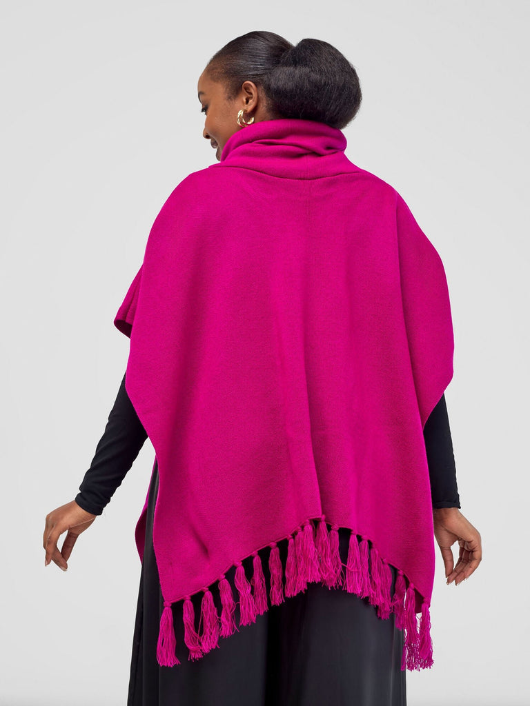 Vivo Turtleneck Knit Fringe Poncho - Fuchsia - Shopzetu