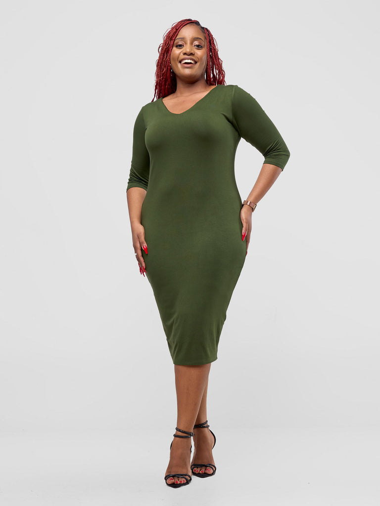 Vivo Basic 3/4 Sleeve Double Layered Bodycon Dress - Hunters