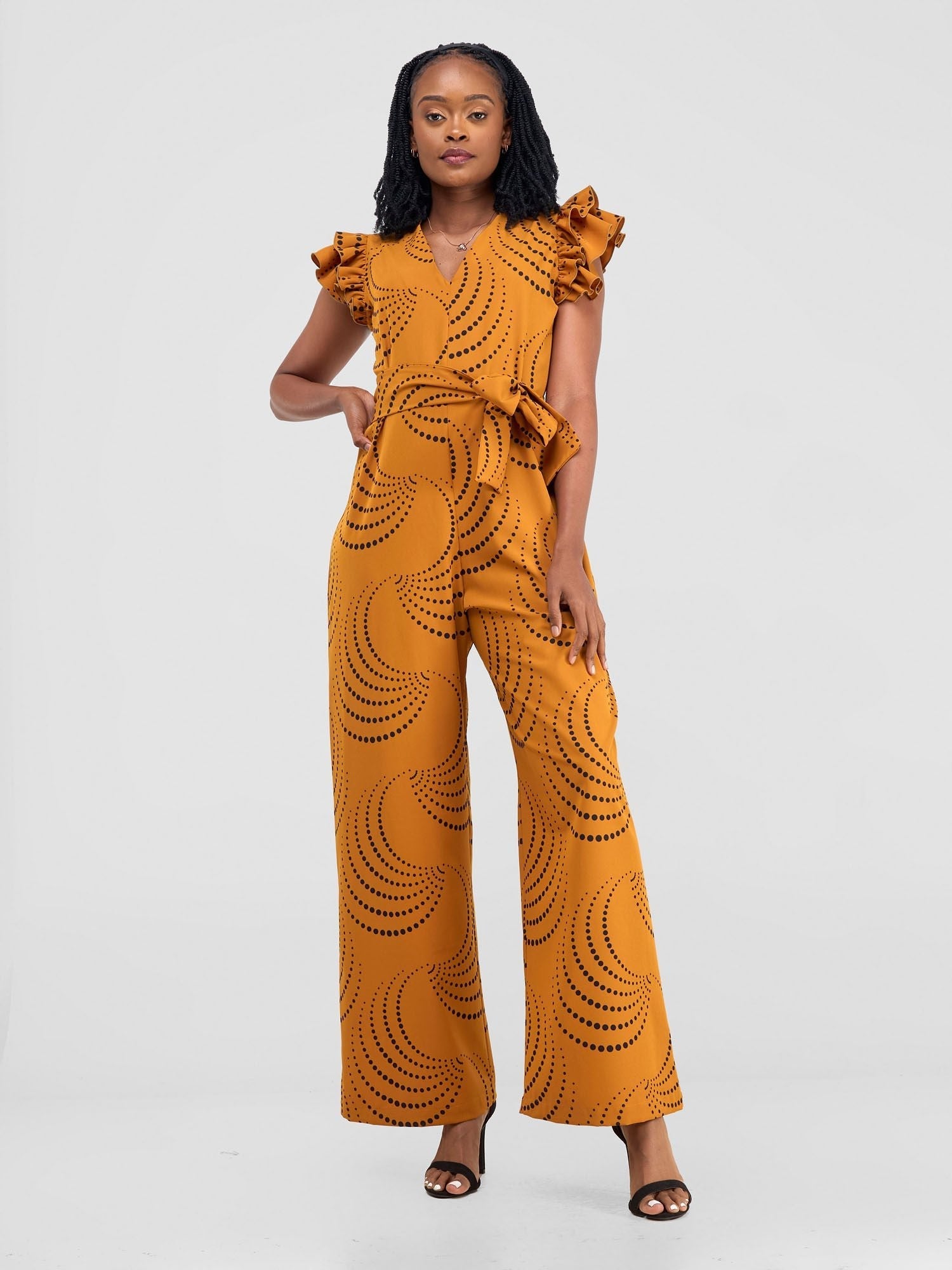 Vivo Nasinka Ruffle Sleeve Jumpsuit - Dark Mustard / Black Sinka Print - Shopzetu