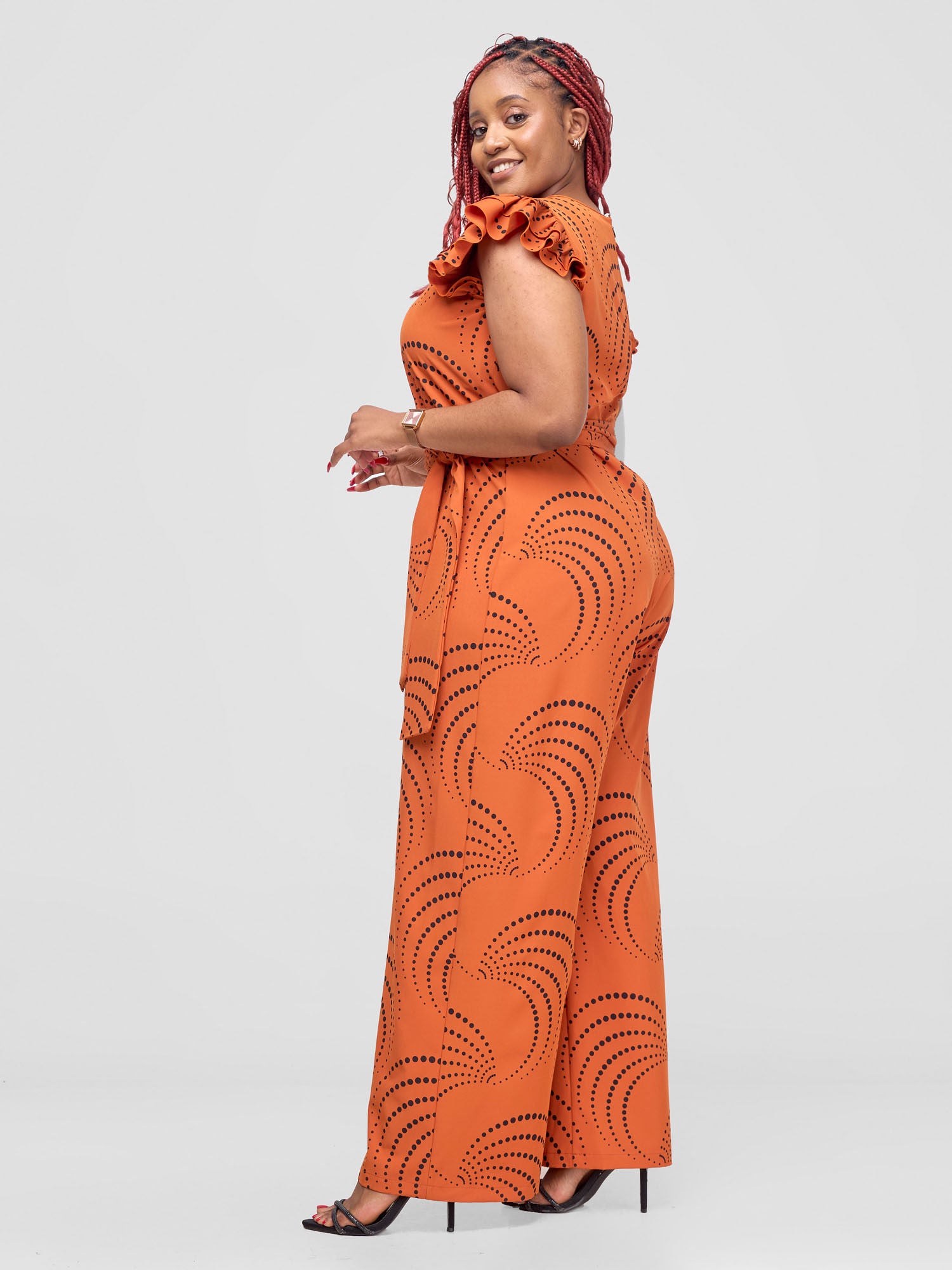 Vivo Nasinka Ruffle Sleeve Jumpsuit - Dark Orange / Black Sinka Print