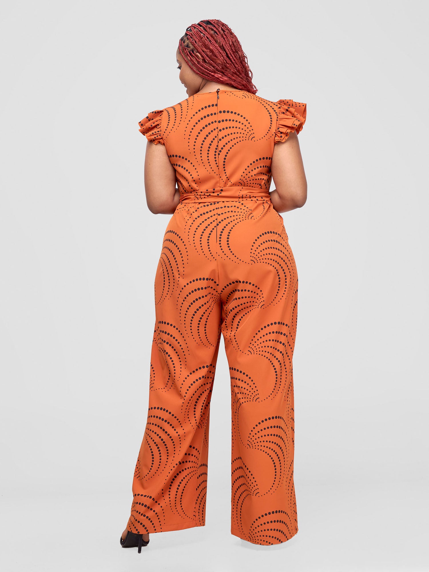 Vivo Nasinka Ruffle Sleeve Jumpsuit - Dark Orange / Black Sinka Print