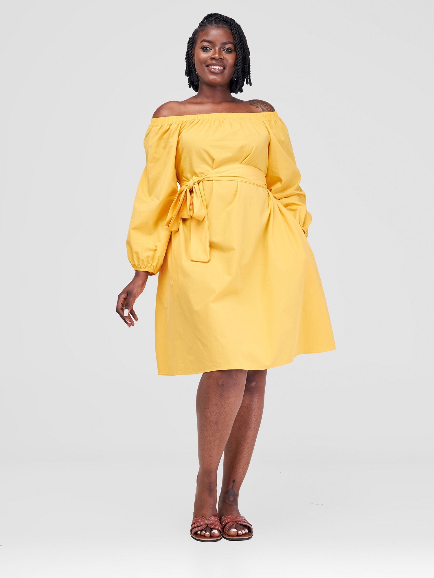 Safari Tawi Off Shoulder Knee Length Dress - Mustard(Plain Belt)