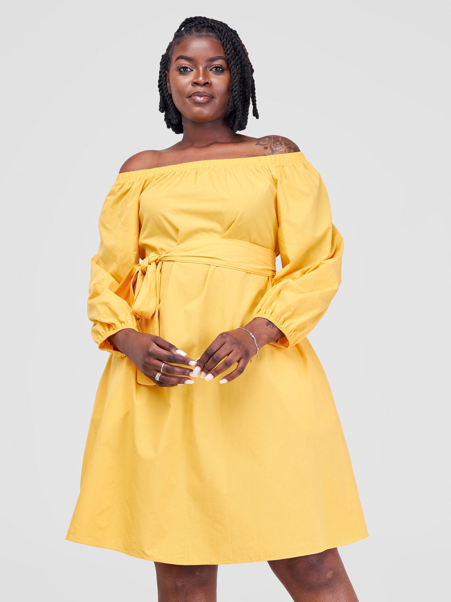 Safari Tawi Off Shoulder Knee Length Dress - Mustard(Plain Belt)