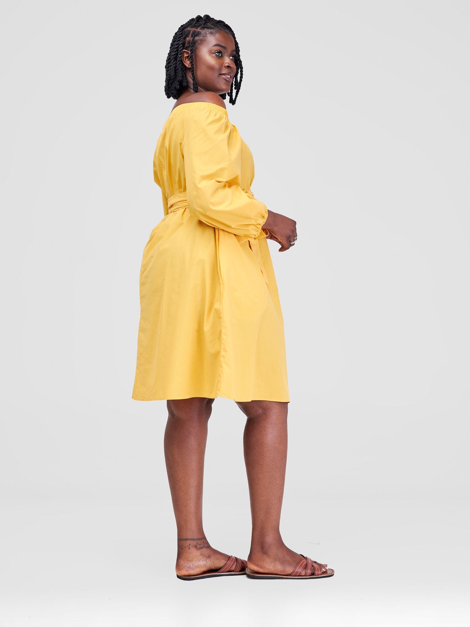 Safari Tawi Off Shoulder Knee Length Dress - Mustard(Plain Belt)