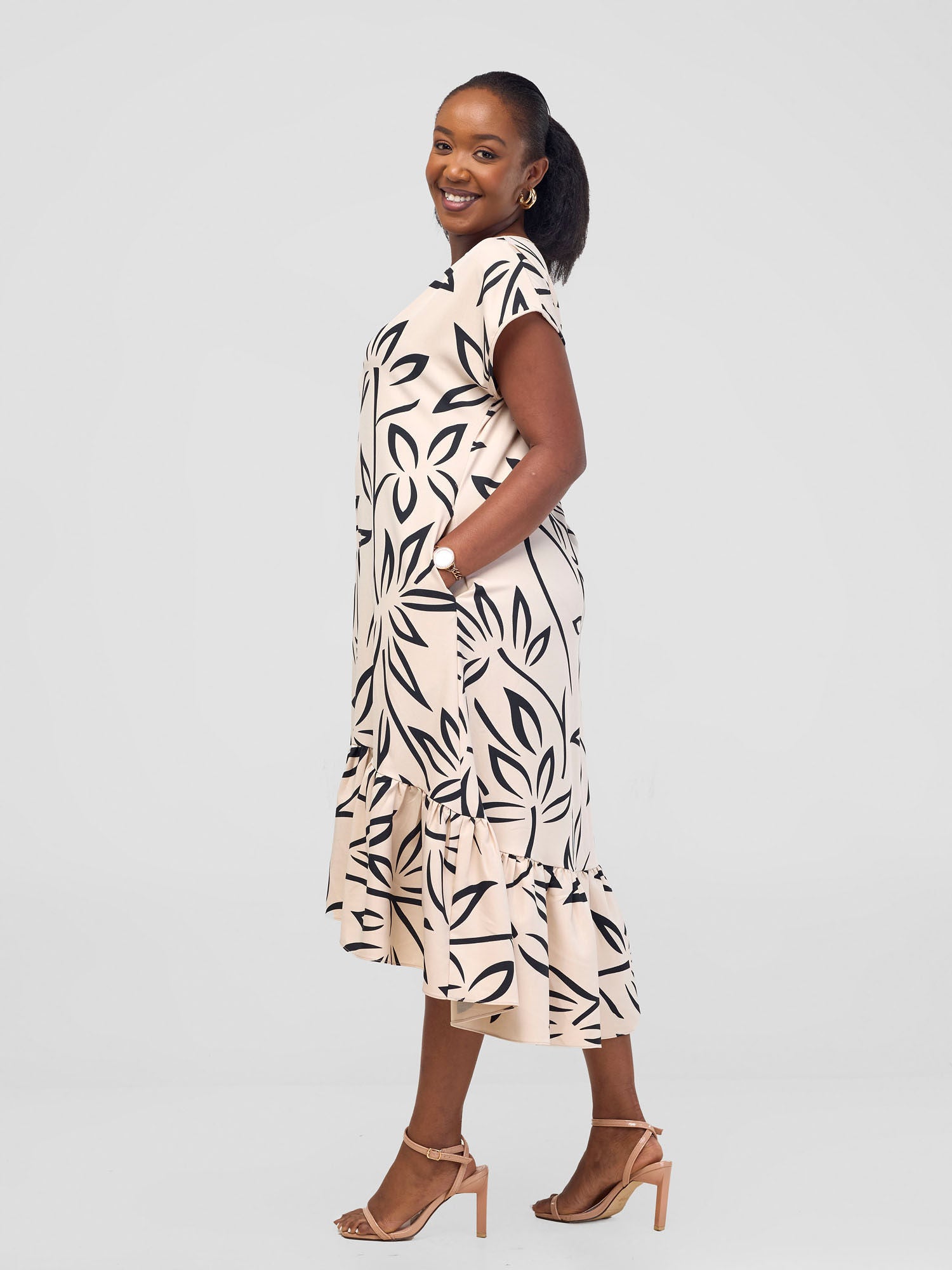 Vivo Zahari Drop Shoulder High Low Dress - Beige / Black Weni Print