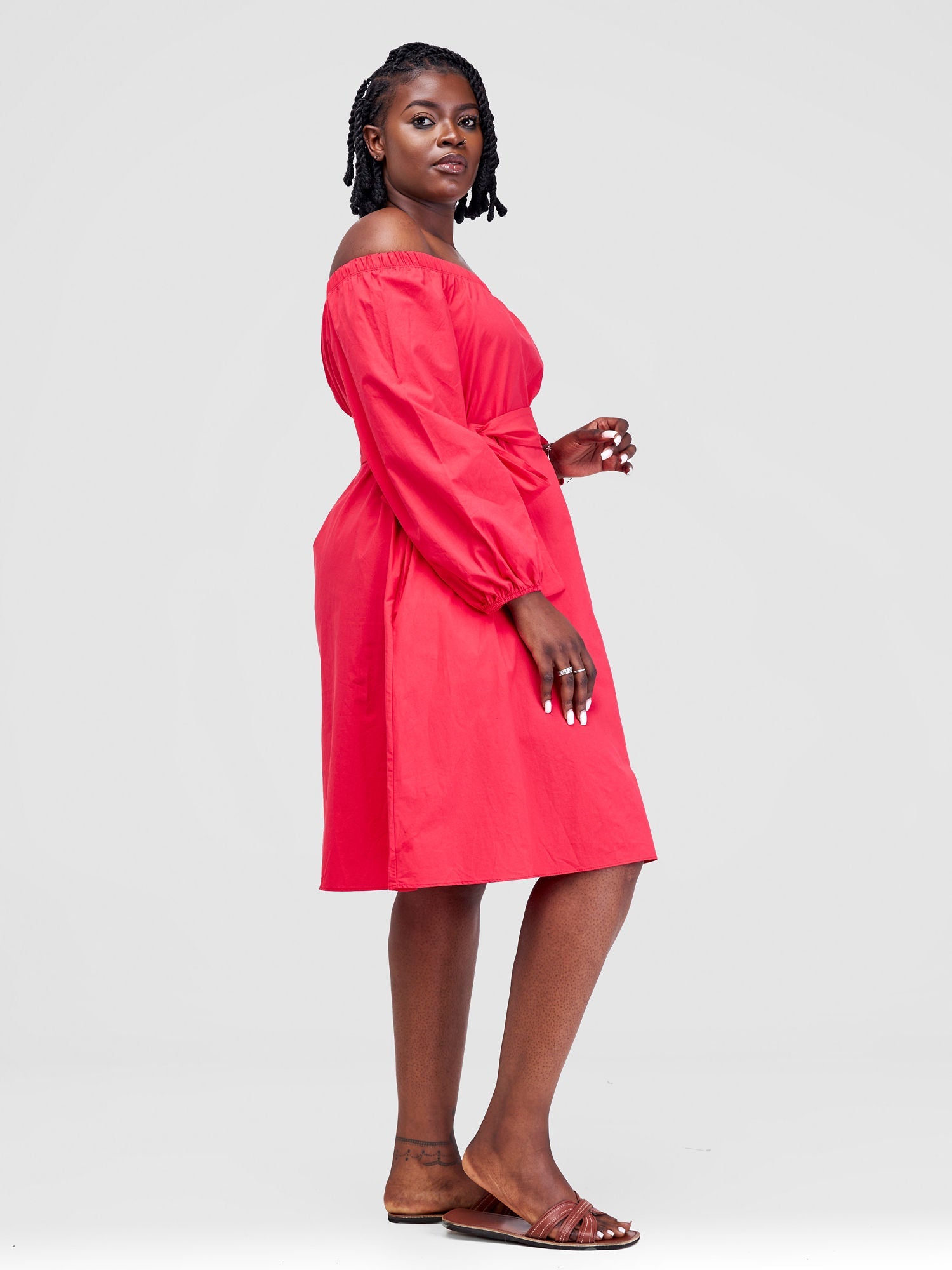 Safari Tawi Off Shoulder Knee Length Dress - Pink(Plain Belt)