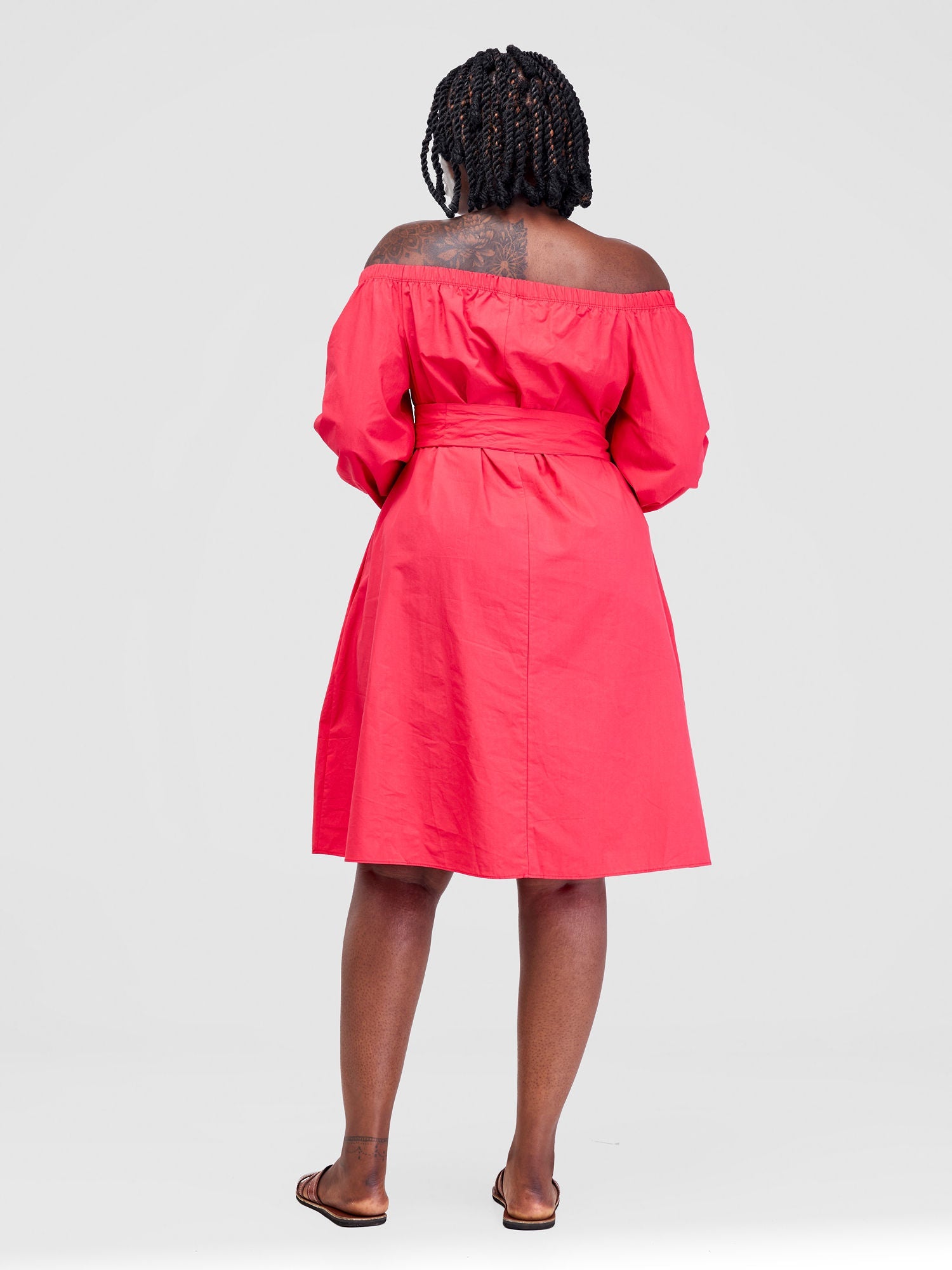 Safari Tawi Off Shoulder Knee Length Dress - Pink(Plain Belt)