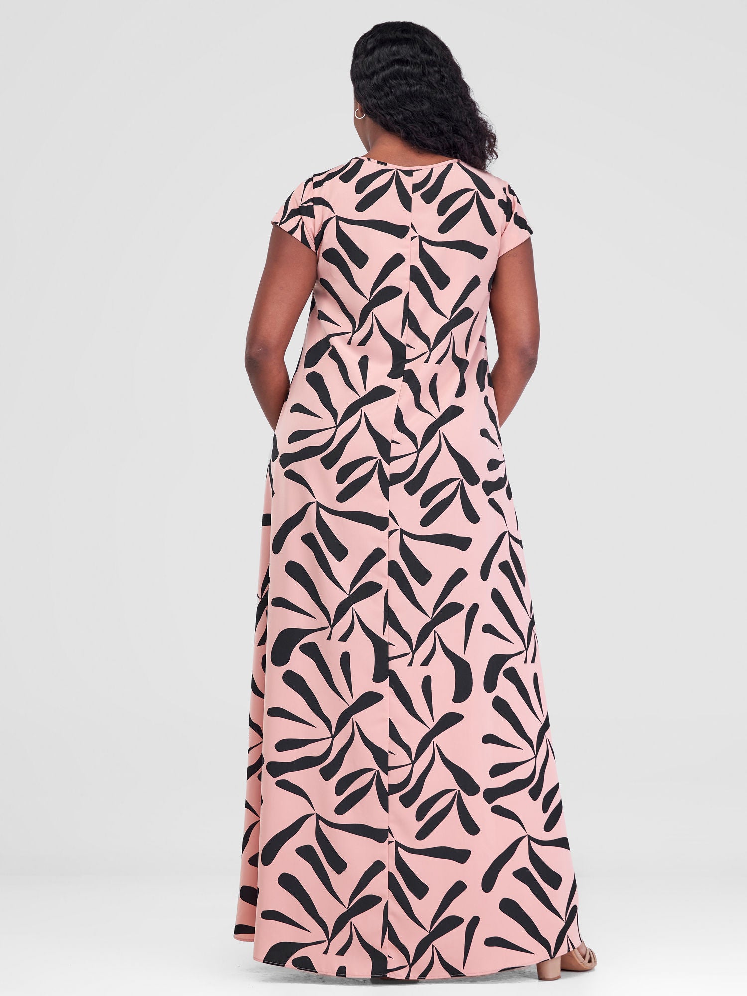 Vivo Basic Cap Sleeve Maxi Tent Dress - Taupe / Black Tuli Print