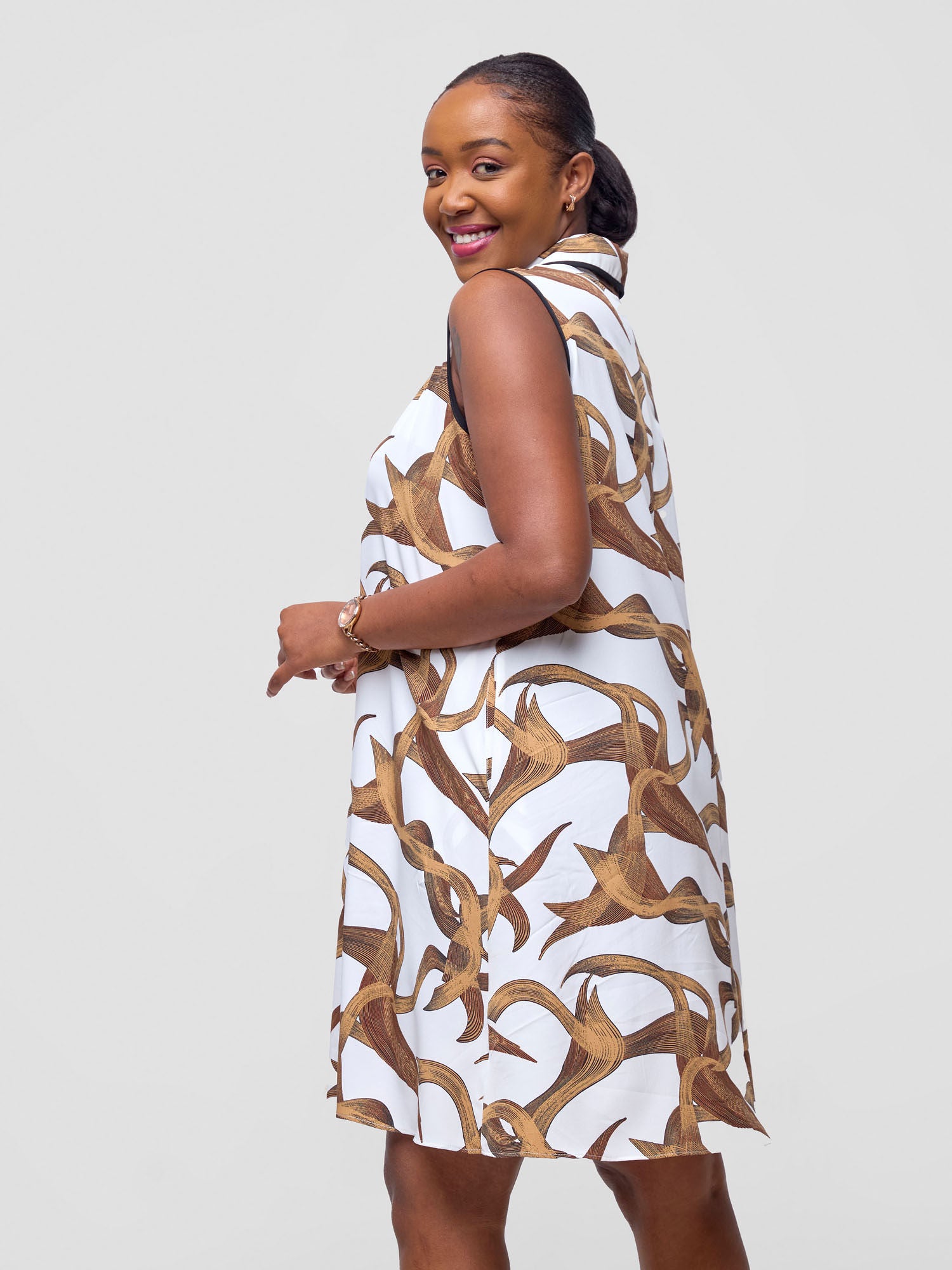 Vivo Asha Sleeveless Knee Length Dress - White / Brown Print