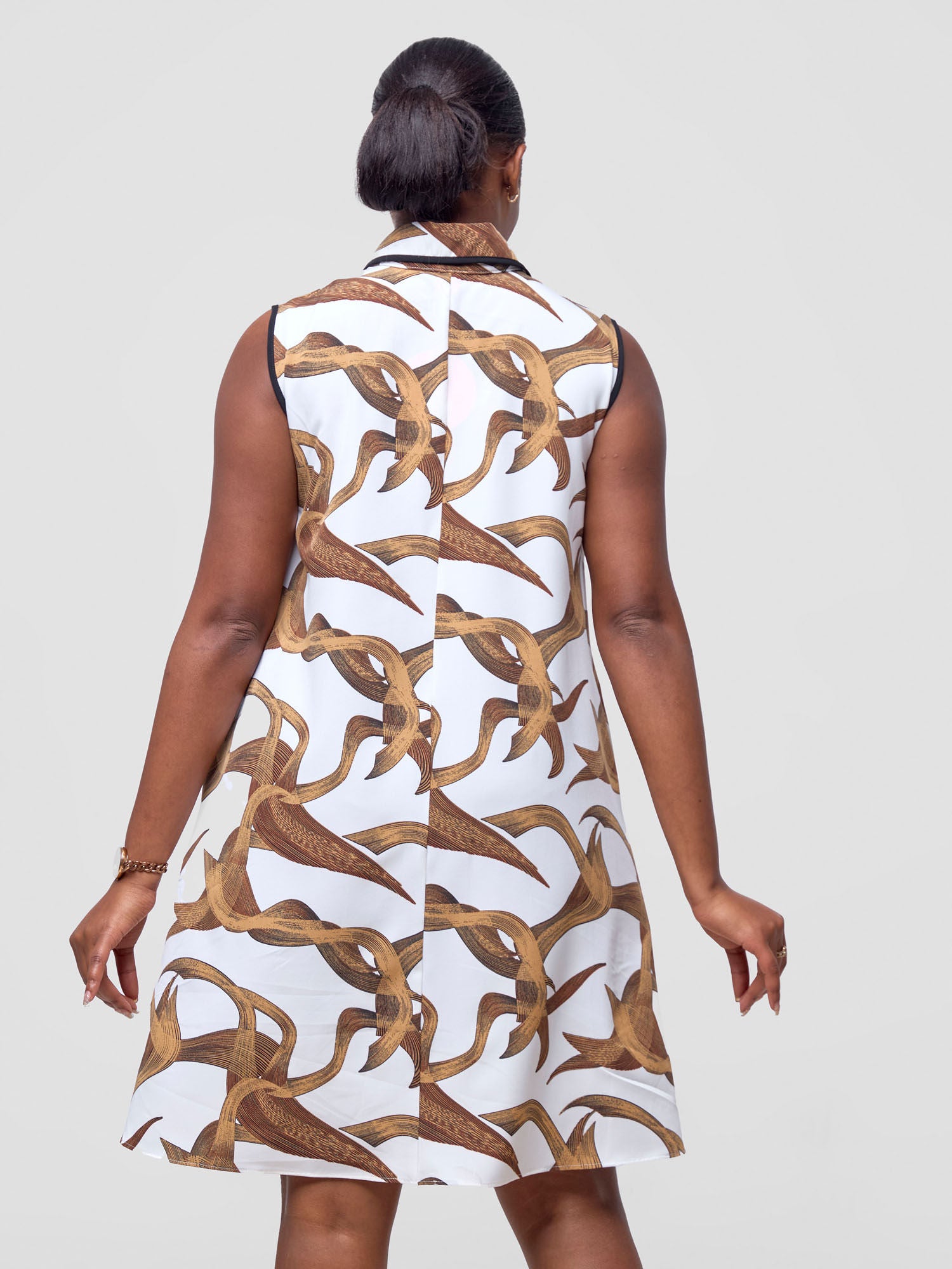 Vivo Asha Sleeveless Knee Length Dress - White / Brown Print