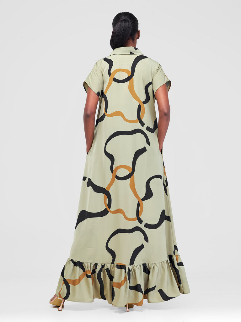 Vivo Asha Drop Shoulder Maxi Shirt Dress - Olive / Black Milo Print