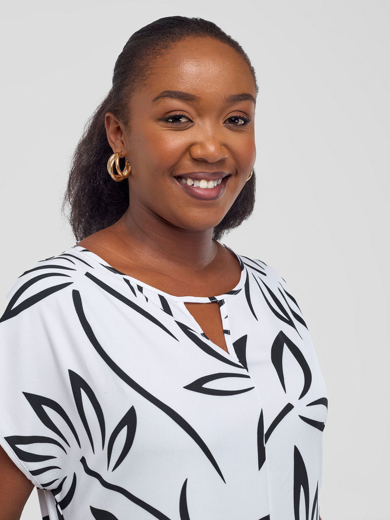 Vivo Zahari Drop Shoulder High Low Dress - White / Black Weni Print