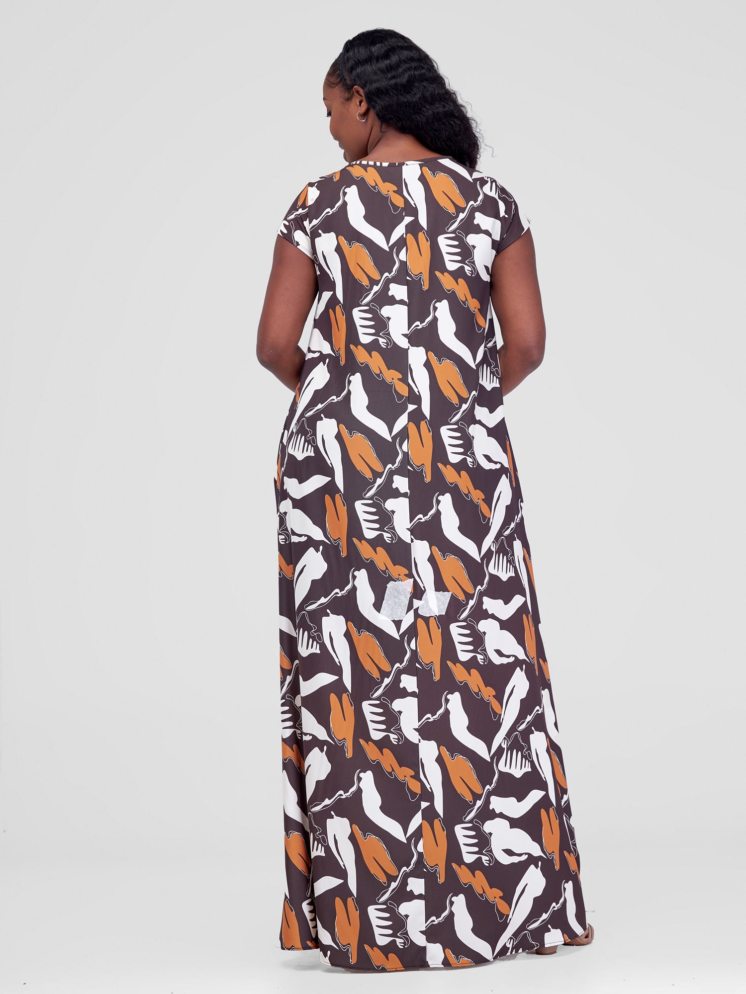 Vivo Basic Cap Sleeve Maxi Tent Dress - Brown / Mustard Meki Print