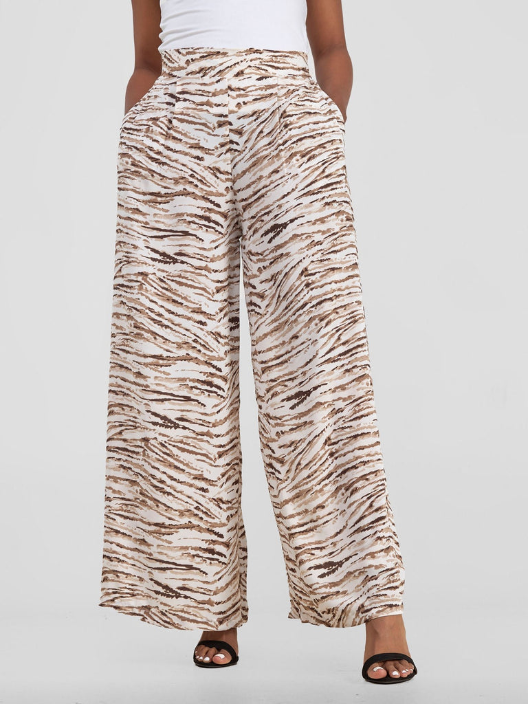 Vivo Basic Crepe Pants - Brown / White Print - Shopzetu