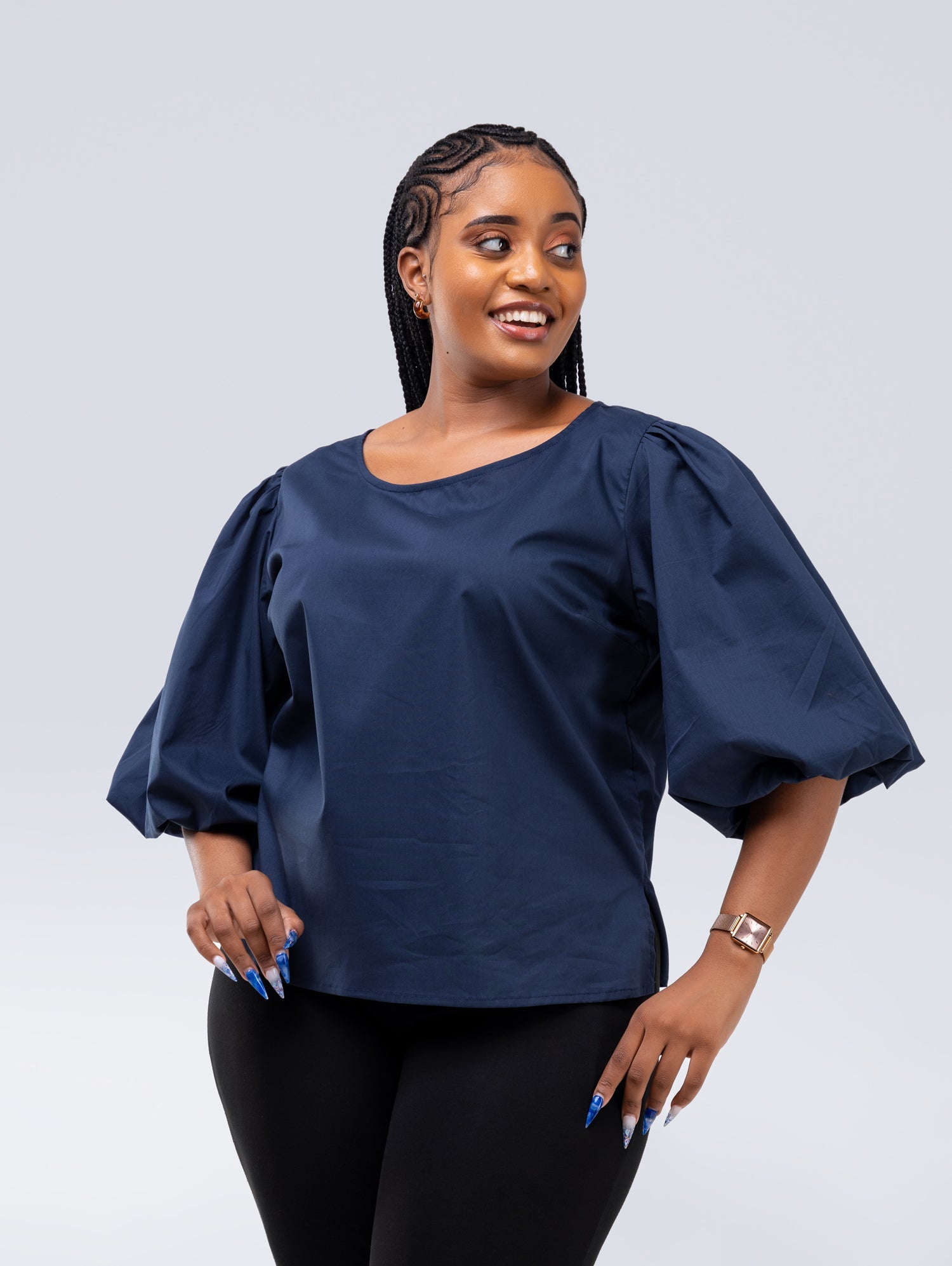 Safari Nimali Bubble Sleeve Top - Navy